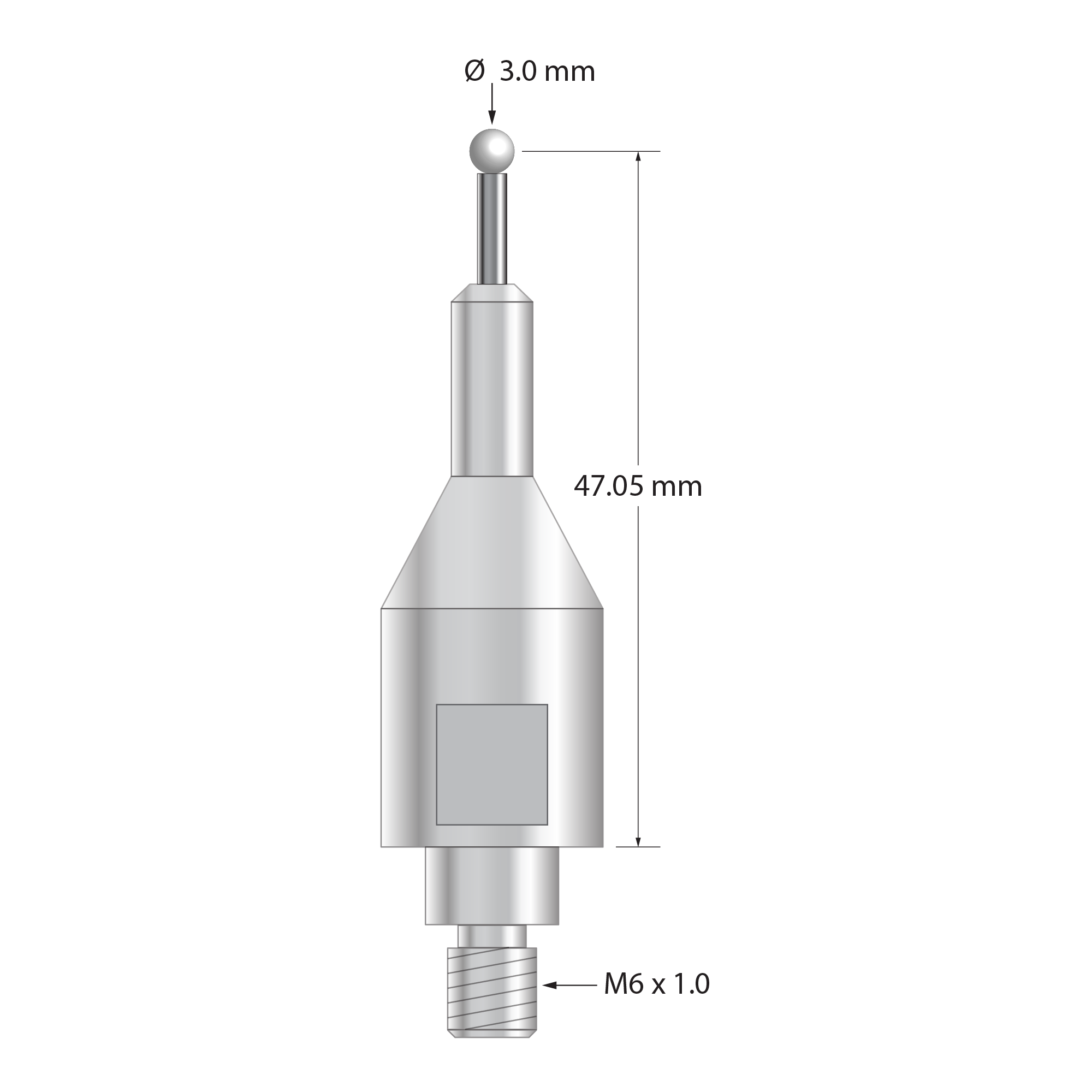 QMFARO-30-Z 3.0mm zirconia ball stylus with carbide stem, stainless steel base, 47.05mm length.
