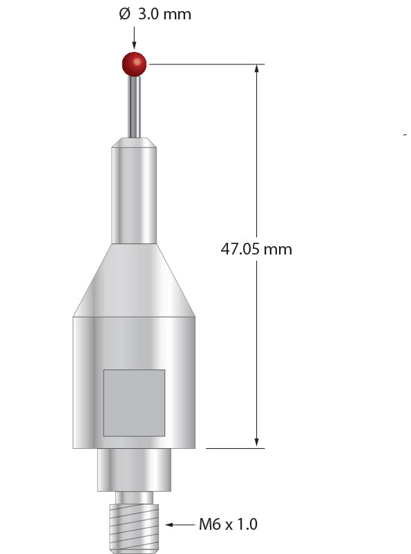 QMFARO-30 stylus with 3.0mm ruby ball, carbide stem, and stainless steel base, 47.05mm long.