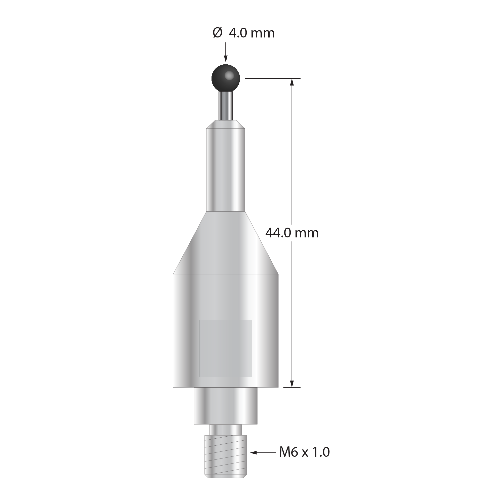 QMFARO-40-SN stylus with 4.0mm silicon nitride ball, carbide stem, and stainless steel base, 44.0mm long.