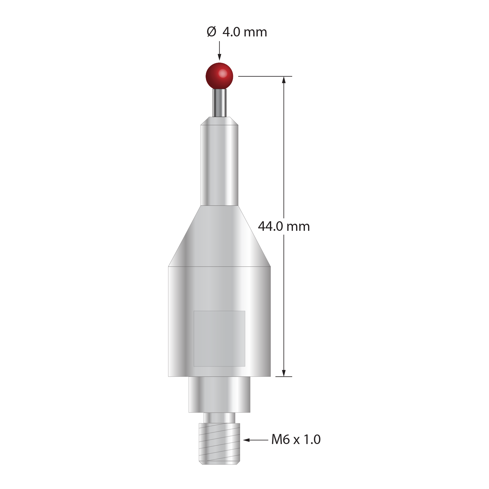 QMFARO-40 stylus with 4.0mm ruby ball, carbide stem, and stainless steel base, 44.0mm length.