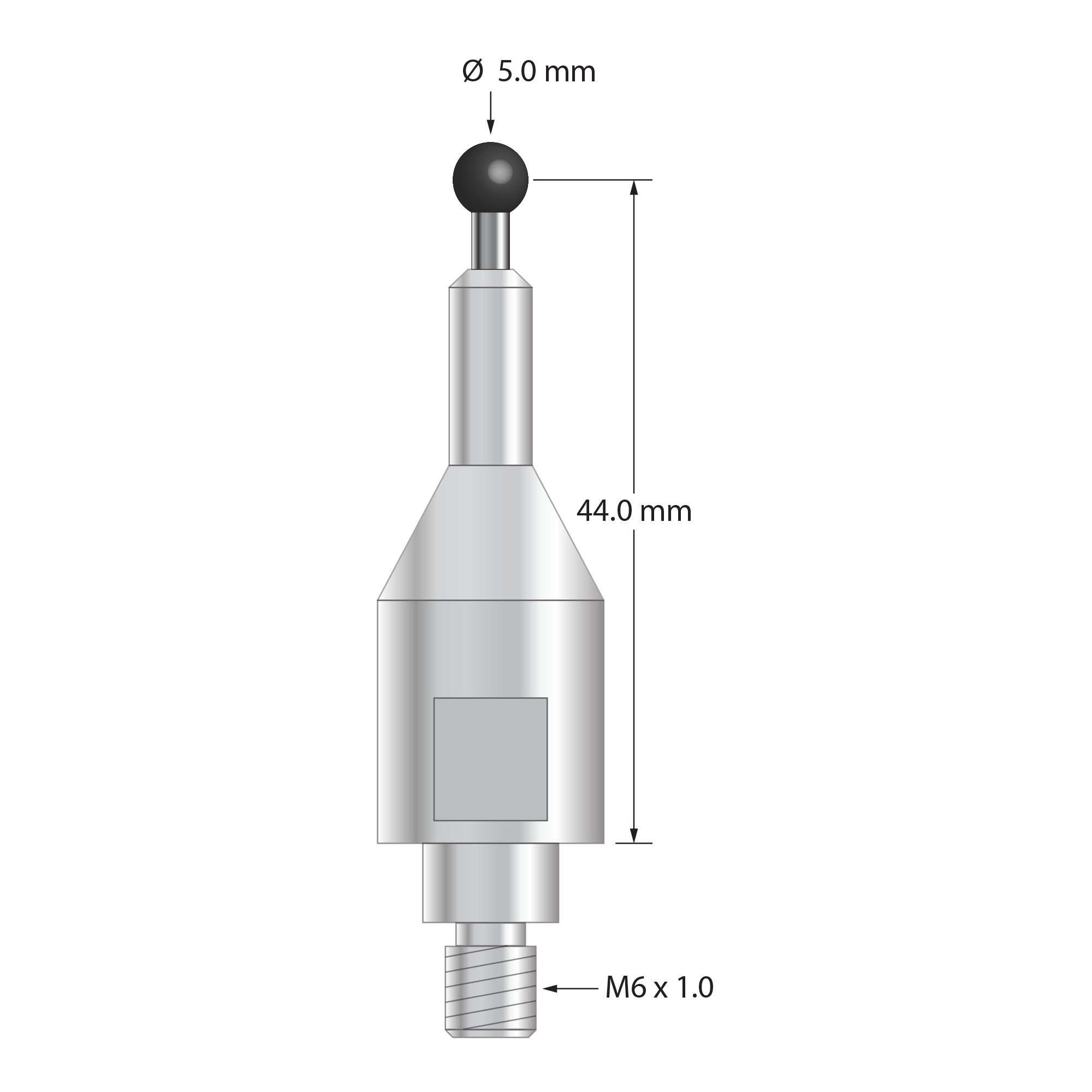 QMFARO-50-SN stylus with 5.0mm silicon nitride ball, carbide stem, and stainless steel base, 44.0mm long.