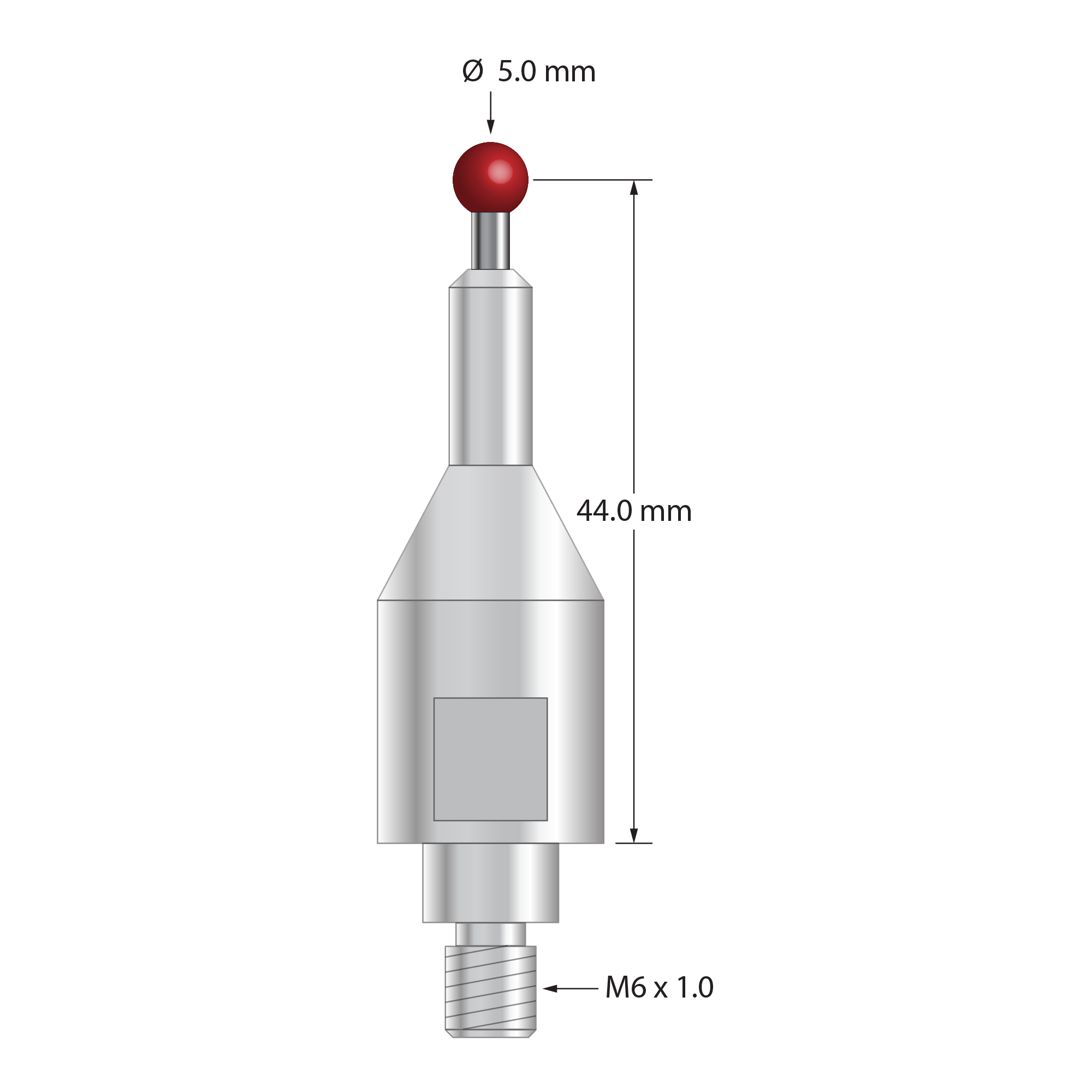 QMFARO-50 stylus with 5.0mm ruby ball, 2.5mm carbide shaft, and stainless steel base, 44.0mm length.