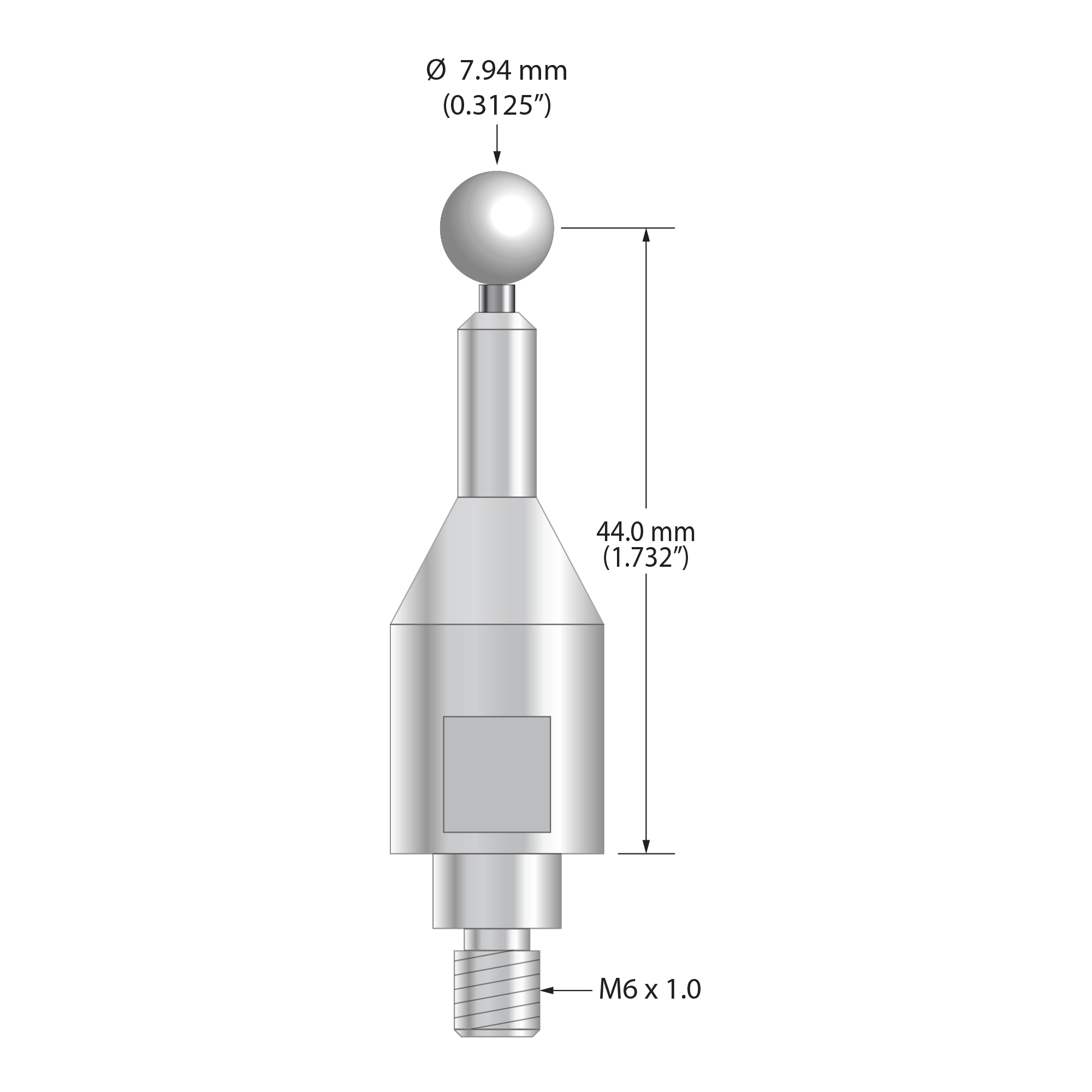 QMFARO-5/16-Z stylus with 5/16" zirconia ball, carbide stem, and stainless steel base, 44.0 mm long.