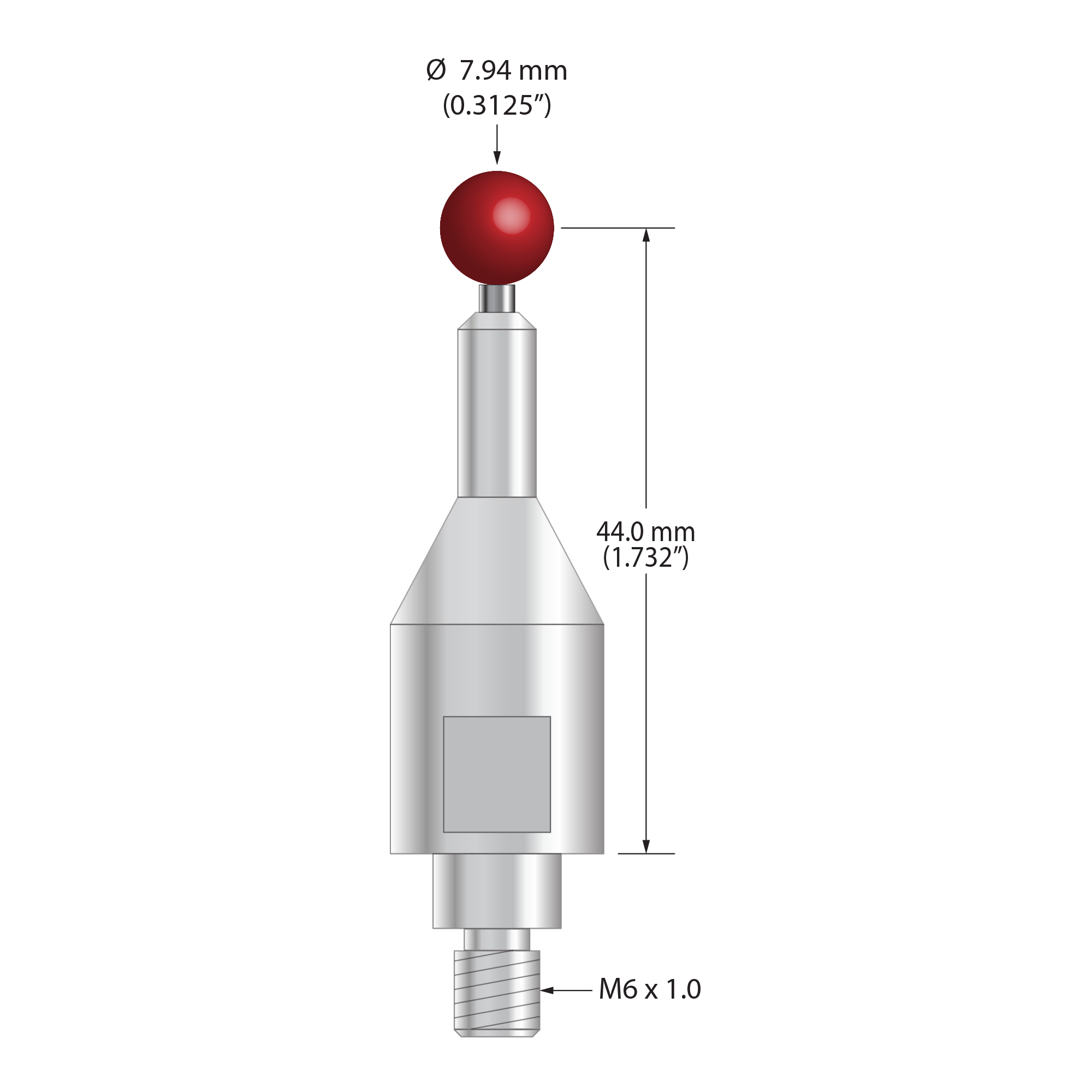 QMFARO-5/16 FARO compatible stylus with 5/16" ruby ball, carbide stem, and stainless steel base, 44.0mm length.
