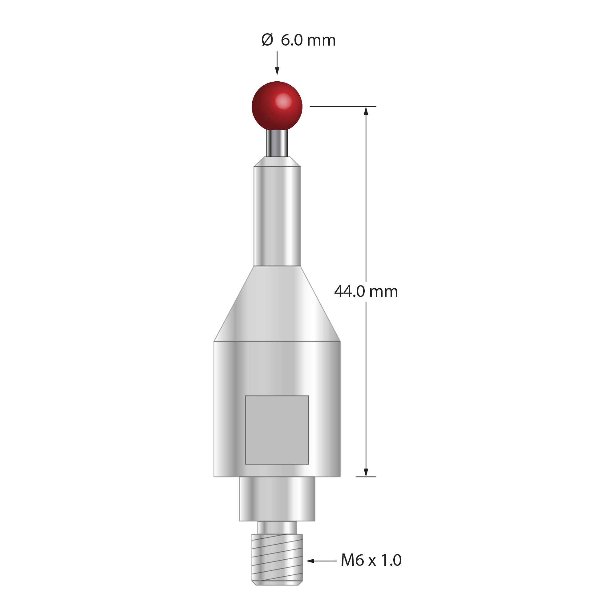 QMFARO-60 stylus with 6.0mm ruby ball, carbide stem, and stainless steel base, 44.0mm long.
