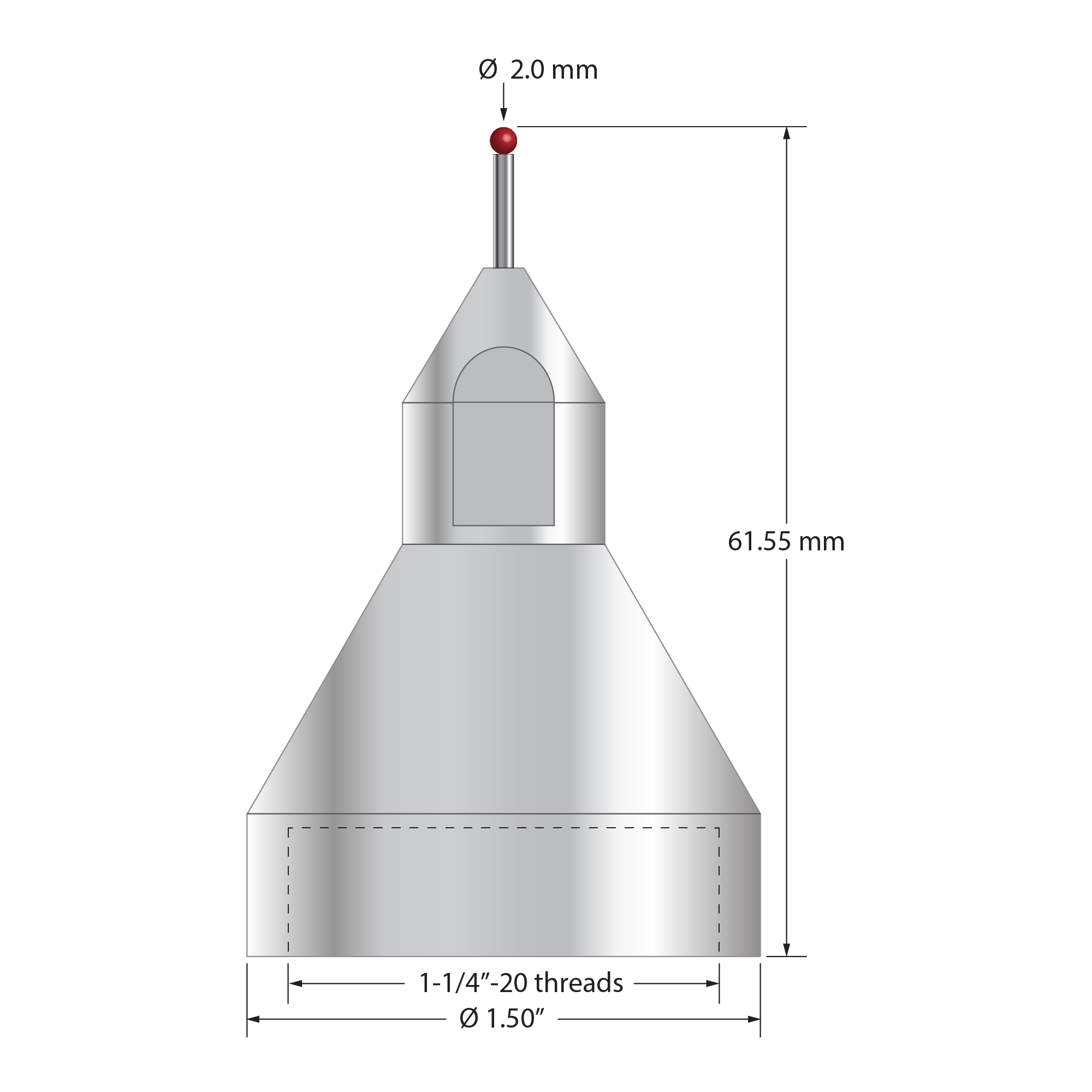 QMFP-2 FARO stylus with 2.0mm ruby ball, carbide stem, stainless steel base, 61.55mm long by Q-Mark Manufacturing, Inc.