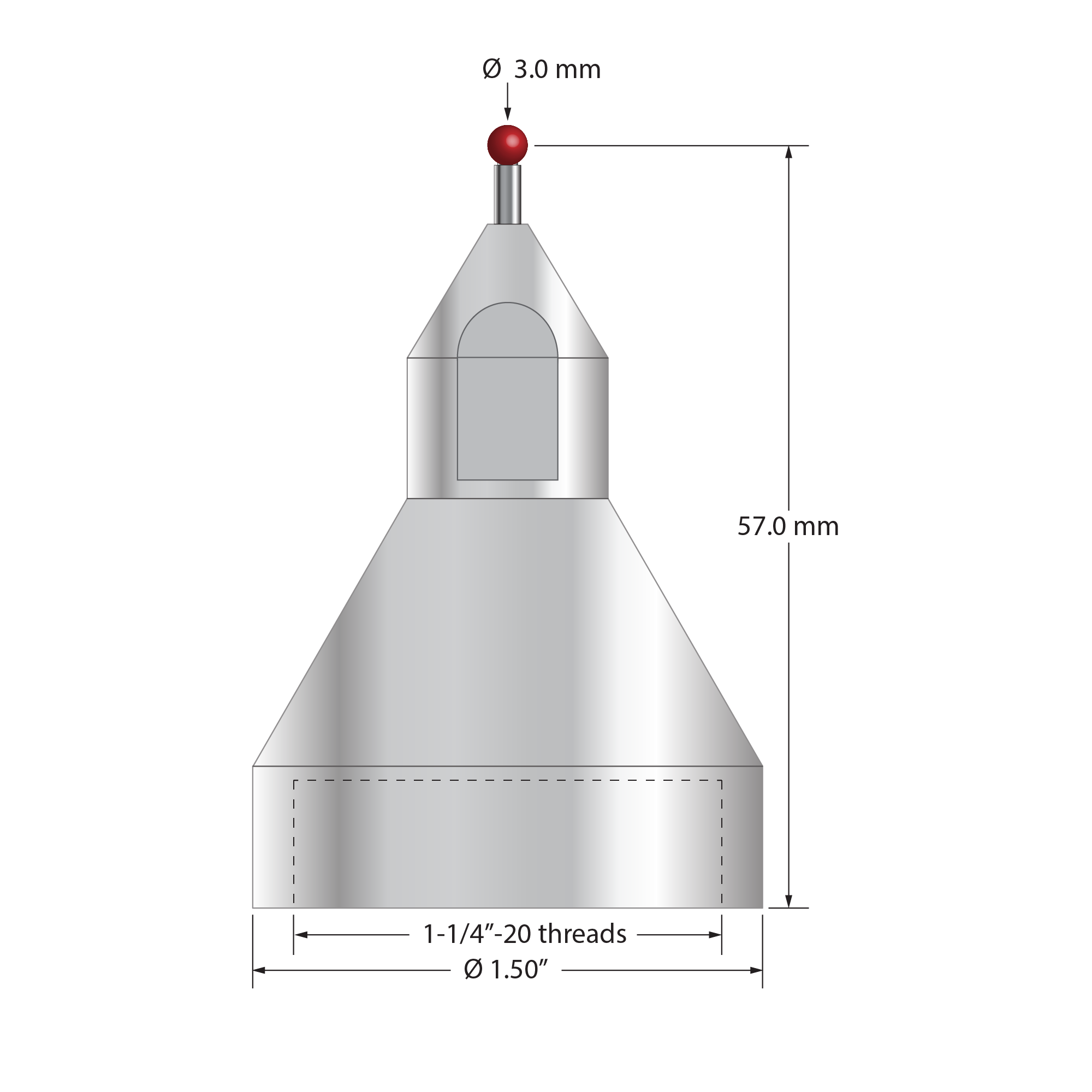 QMFP-3 FARO stylus with 3.0mm ruby ball, carbide stem, and stainless steel base, 57.0mm long.