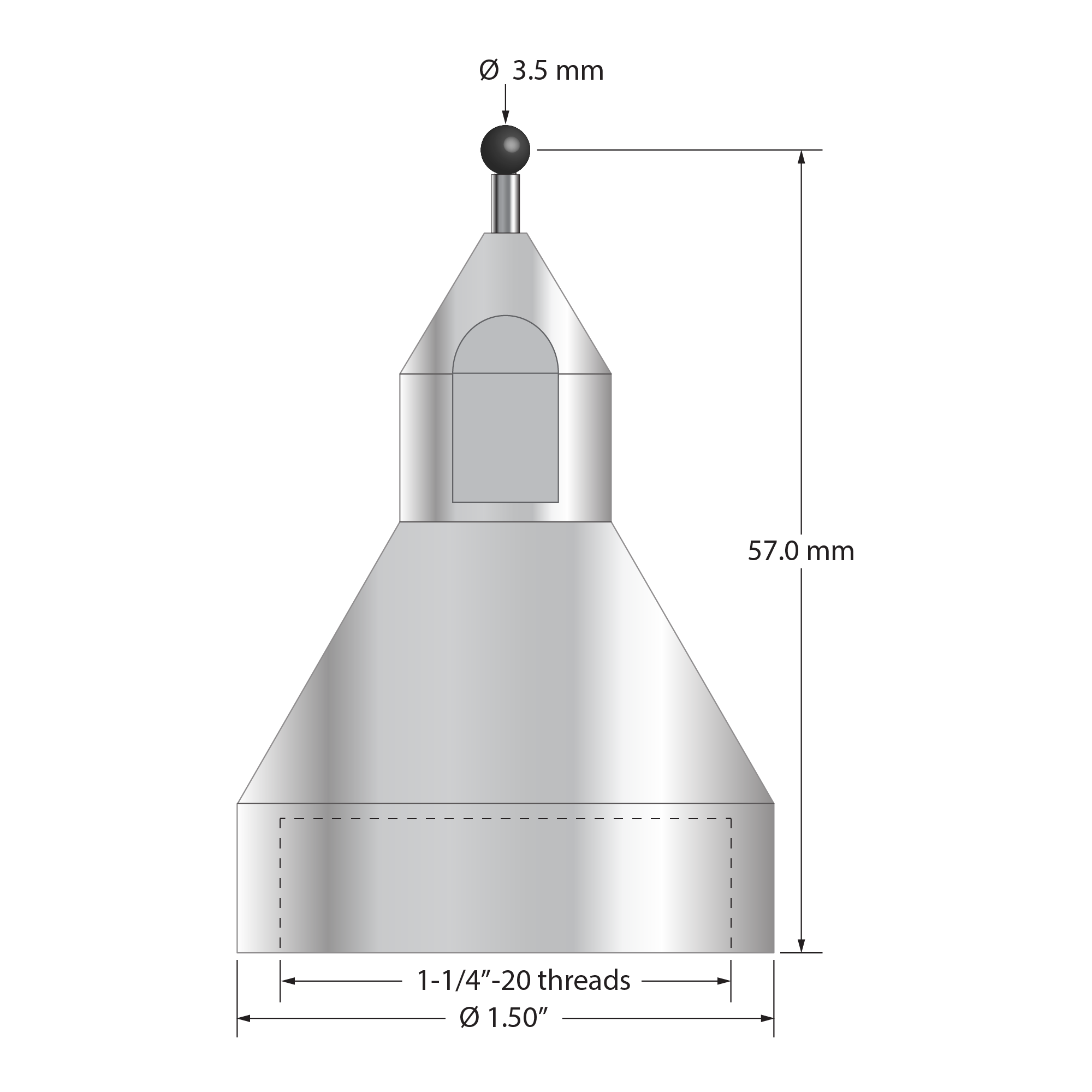 QMFP-3.5-SN 3.5mm silicon nitride ball stylus, 57.0mm long, with carbide stem and stainless steel base.