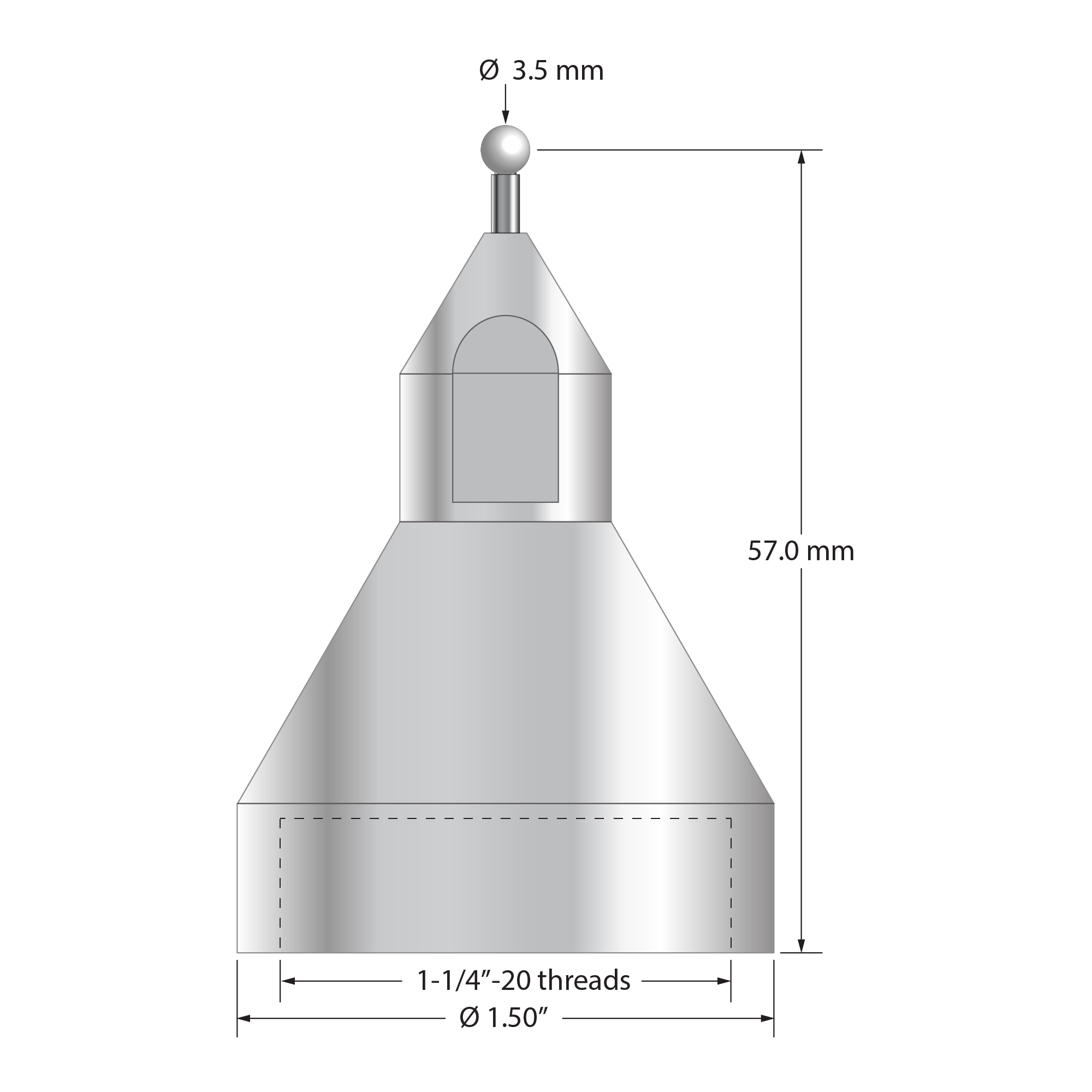 QMFP-3.5-Z FARO stylus with 3.5mm zirconia ball, carbide stem, and stainless steel base, 57mm long.