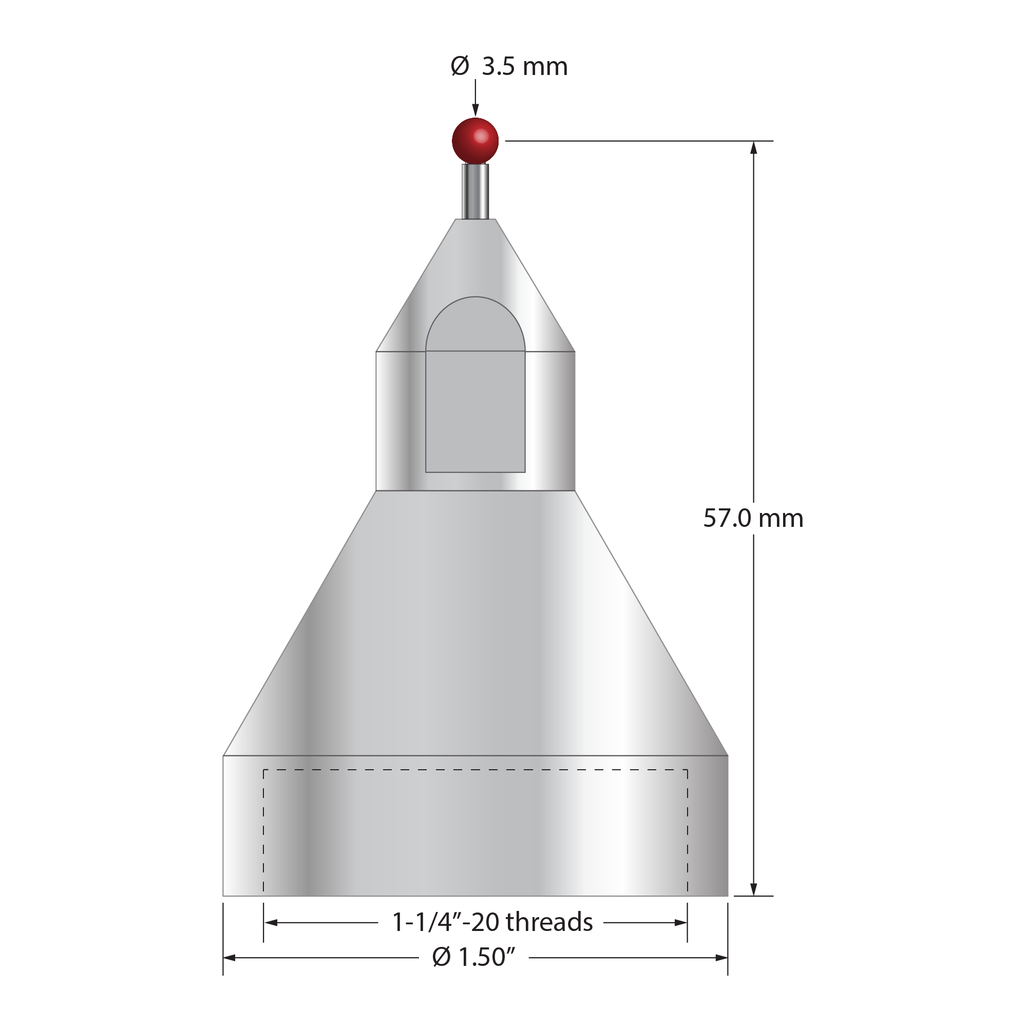 QMFP-3.5 FARO stylus with 3.5mm ruby ball, carbide stem, and stainless steel body, 57mm long.