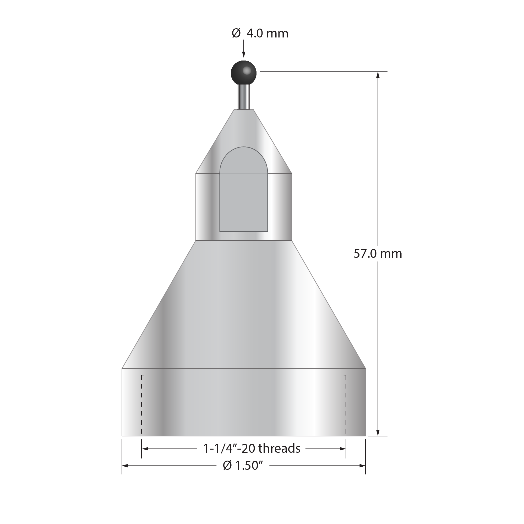 QMFP-4-SN FARO stylus with 4.0mm silicon nitride ball, carbide stem, and stainless steel base, 57.0mm long.