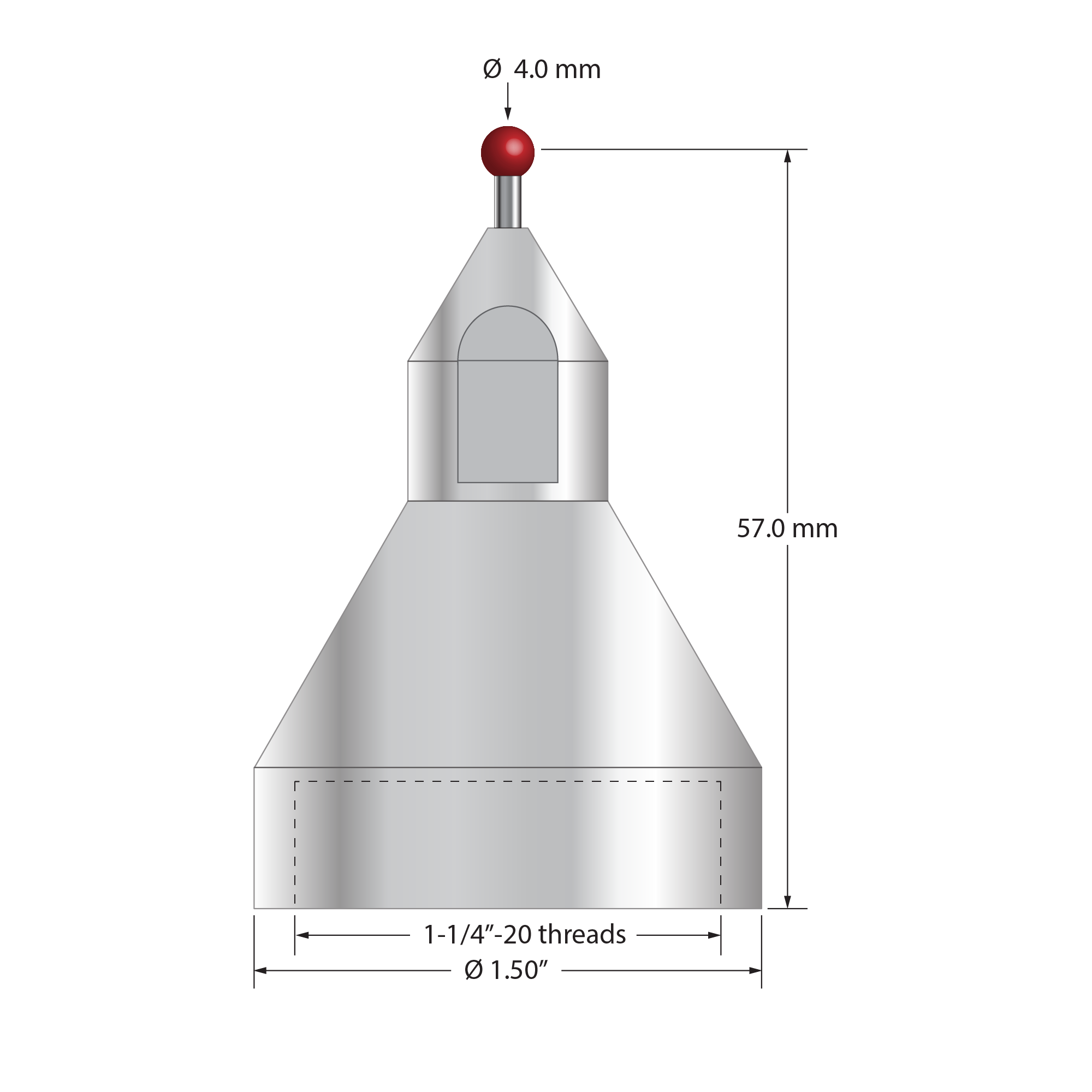QMFP-4 FARO stylus with 4.0mm ruby ball, carbide stem, and stainless steel base, 57.0mm long.
