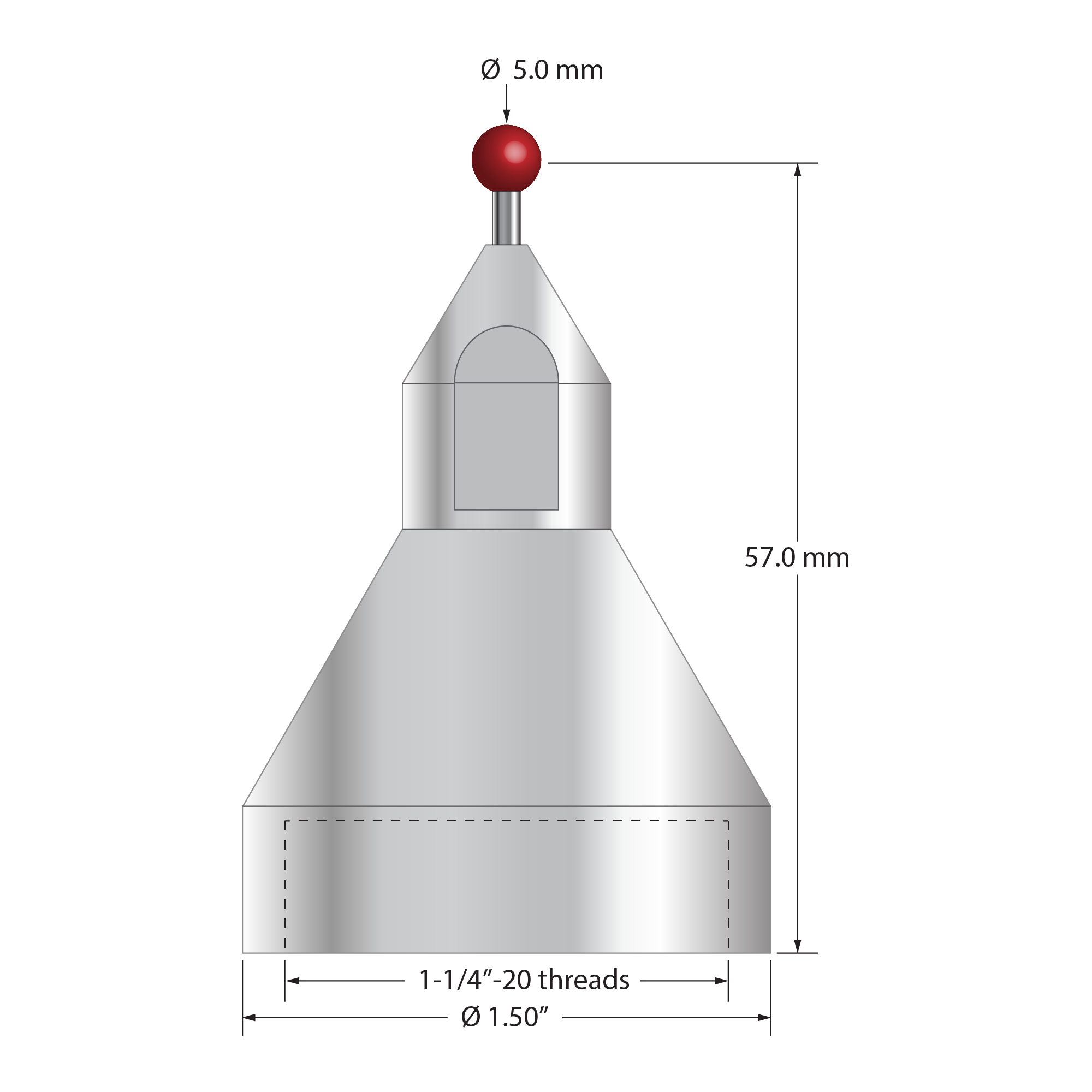 QMFP-5 FARO stylus with 5.0mm ruby ball, carbide stem, and stainless steel base, 57.0mm long.