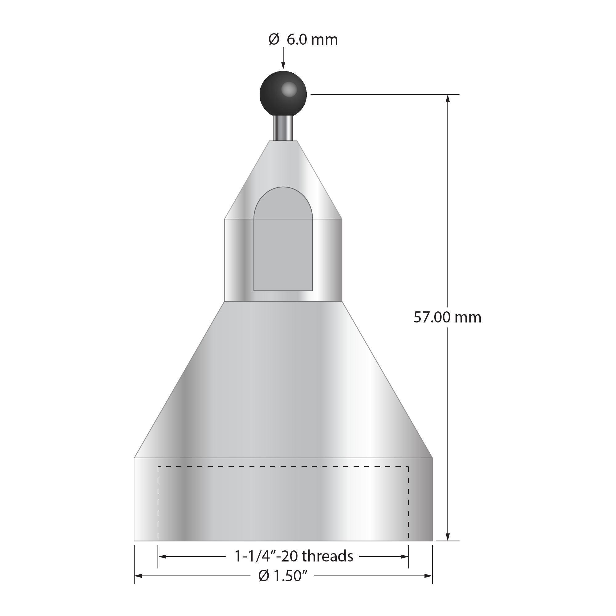 QMFP-6-SN FARO stylus with 6.0mm silicon nitride ball, carbide stem, and stainless steel base, 57.0mm long.