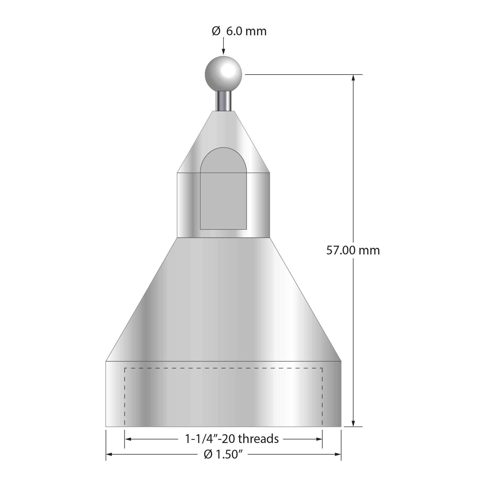 QMFP-6-Z 6.0mm zirconia ball stylus with carbide stem and stainless steel base, 57.0mm long by Q-Mark Manufacturing, Inc.