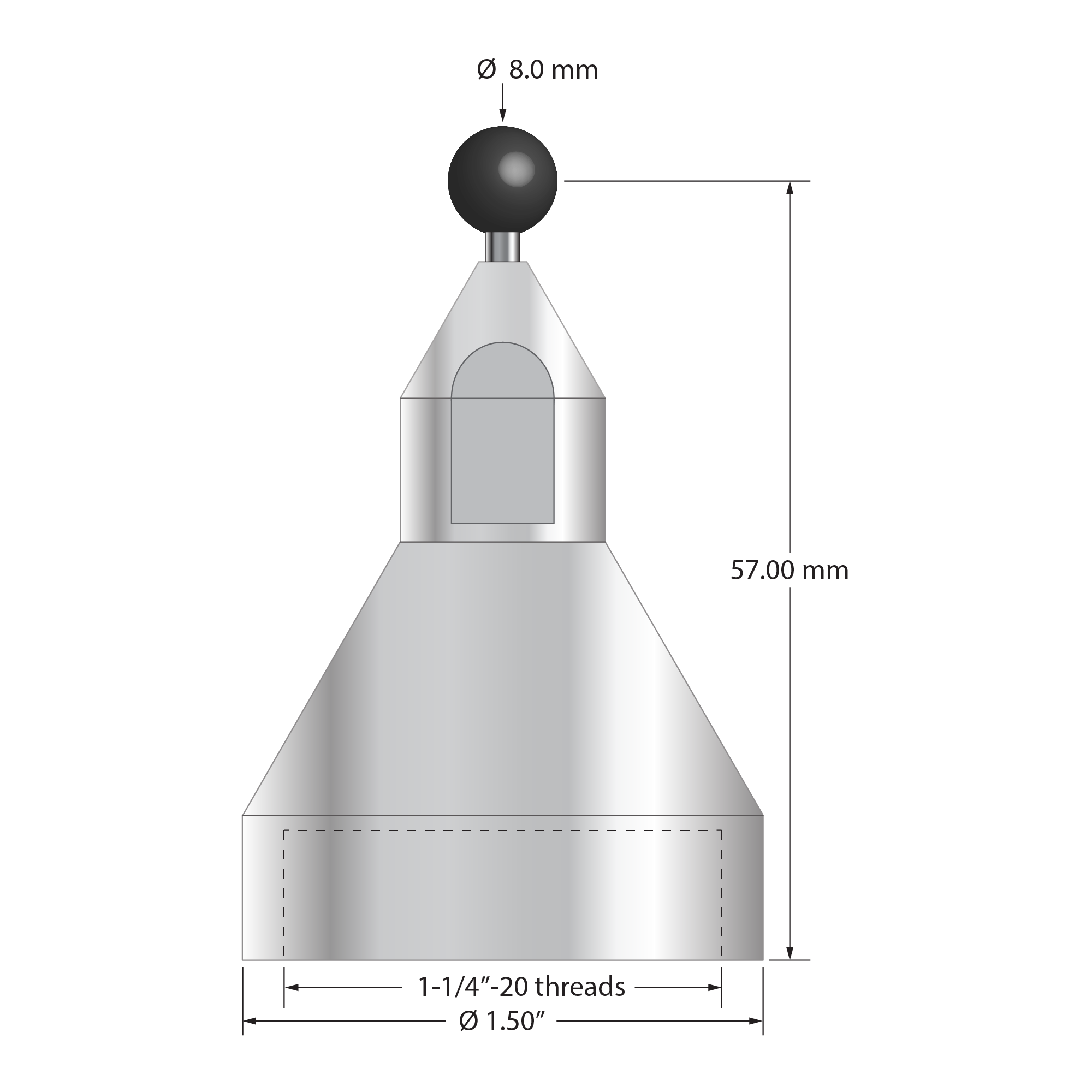 QMFP-8-SN FARO stylus with 8.0mm silicon nitride ball, carbide stem, and stainless steel base, 57.0mm long.