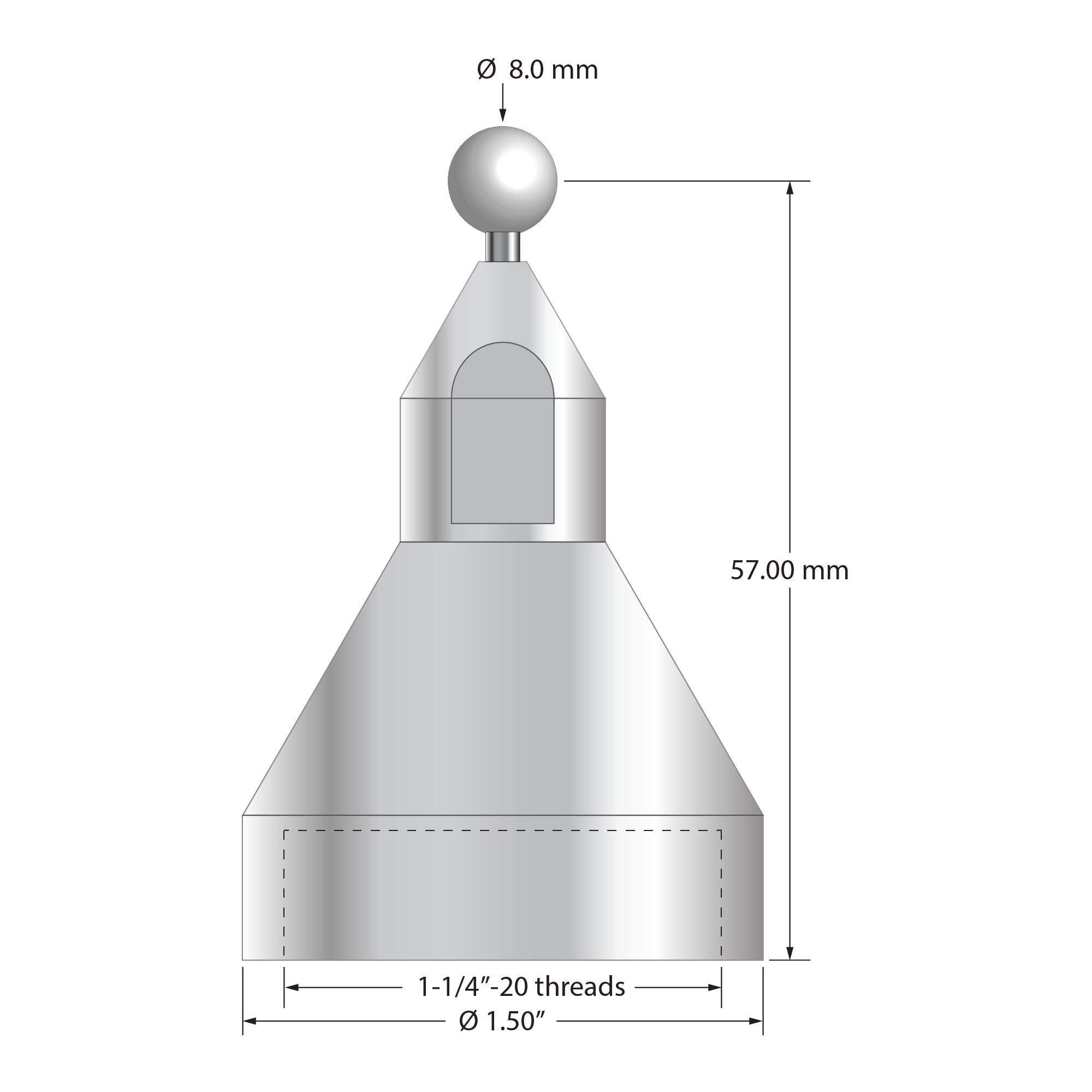 QMFP-8-Z FARO stylus with 8mm zirconia ball, carbide stem, and stainless steel base, 57mm long.