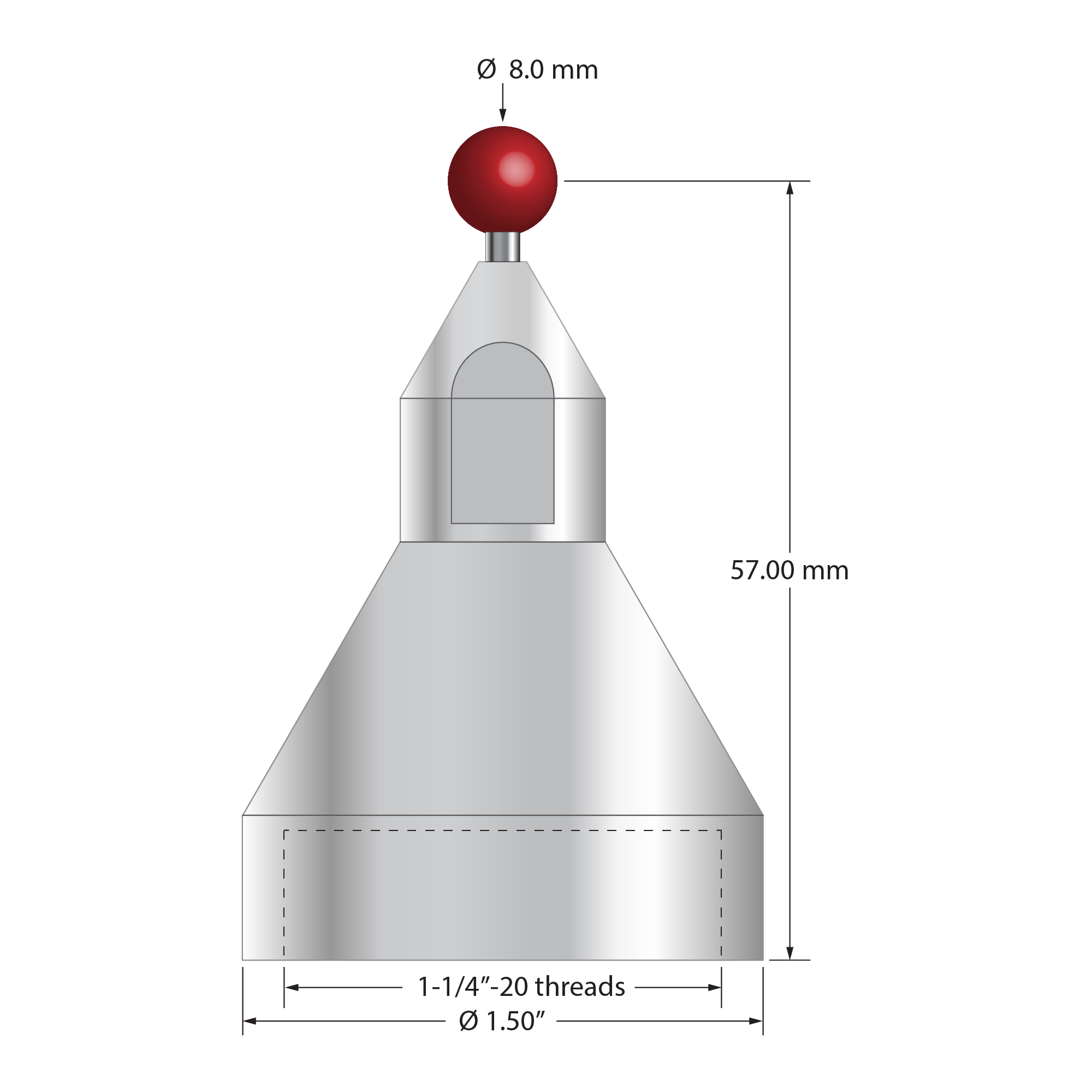 QMFP-8 ruby ball FARO stylus with carbide stem and stainless steel base, 57.0mm long.