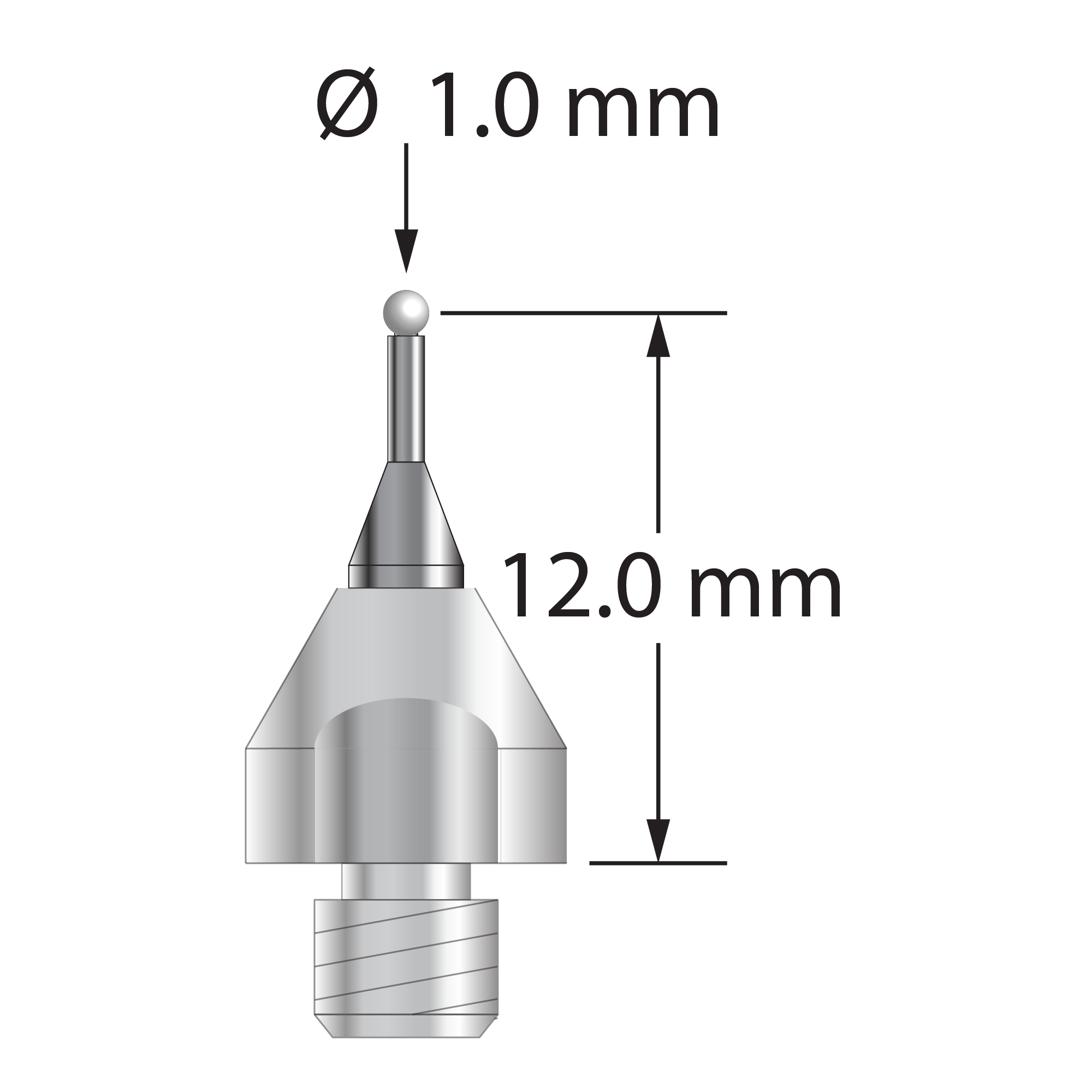 QMFQ-10-Z M4 stylus with 1.0mm zirconia ball, tapered carbide stem, and stainless steel base.