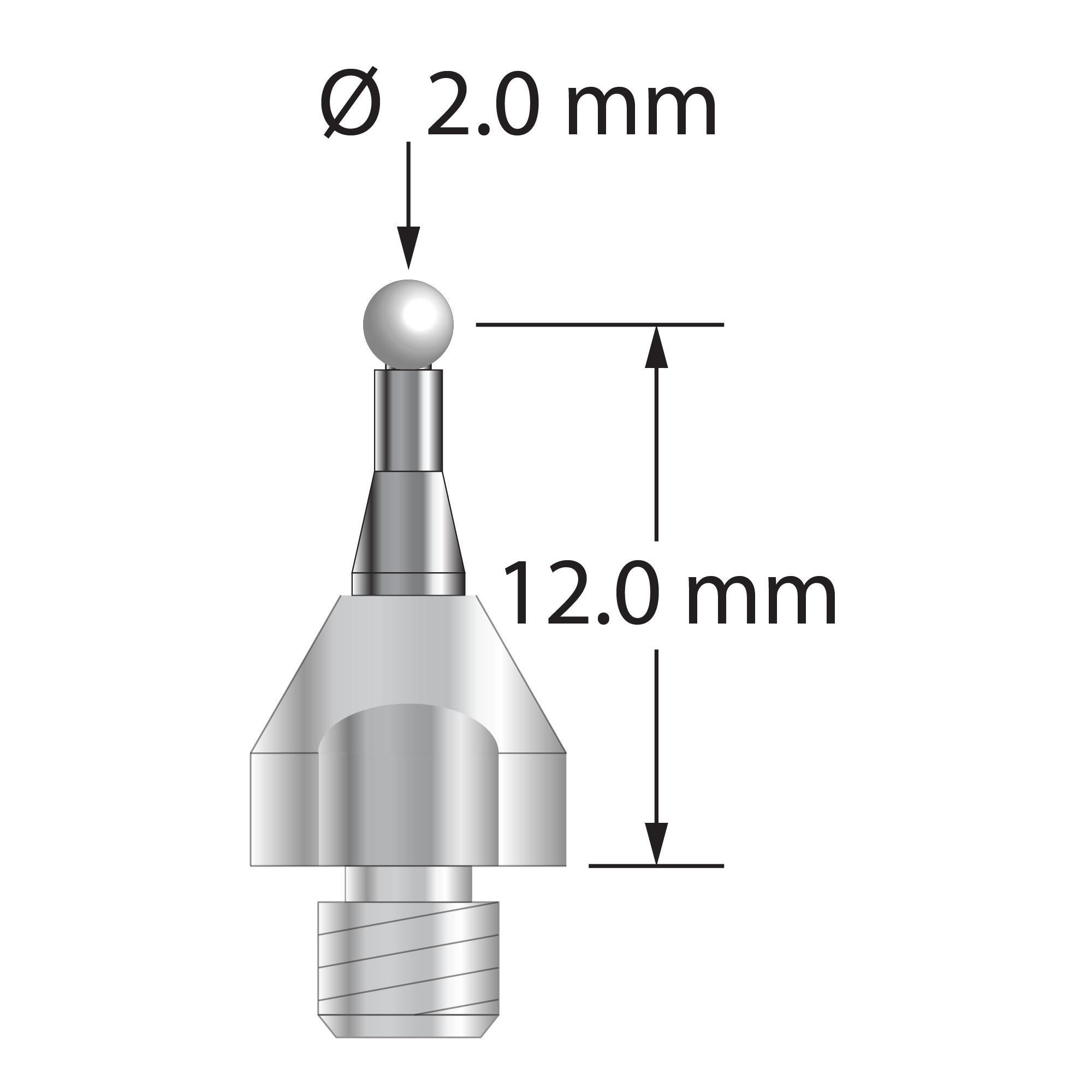 QMFQ-20-Z M4 stylus with 2.0mm zirconia ball, tapered carbide stem, and stainless steel base.