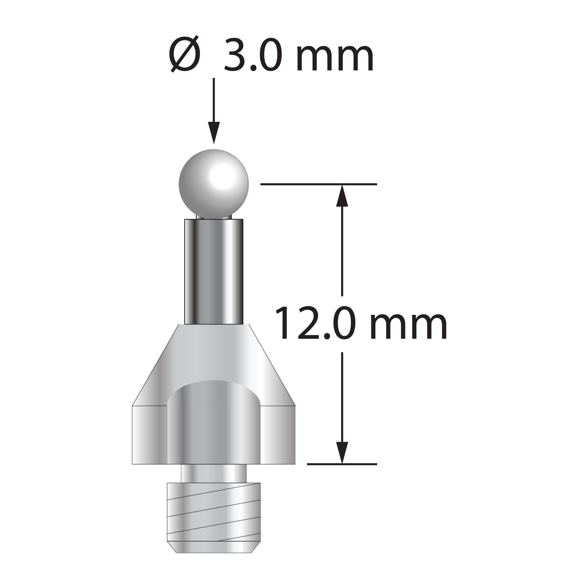 QMFQ-30-Z M4 stylus with 3.0mm zirconia ball, carbide stem, and stainless steel base, 12.0mm long.