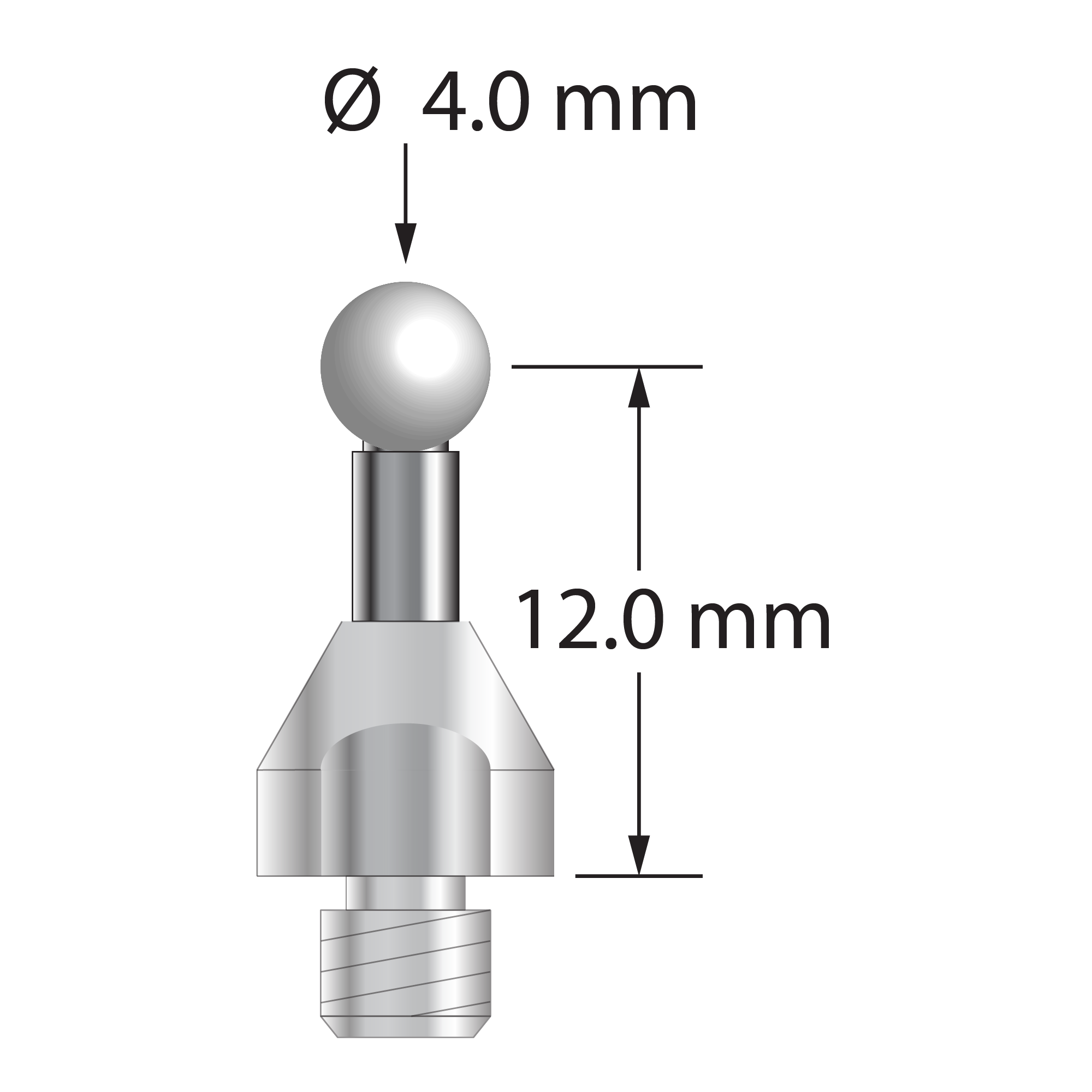 QMFQ-40-Z M4 stylus with 4.0mm zirconia ball, carbide stem, and stainless steel base, 12.0mm long.