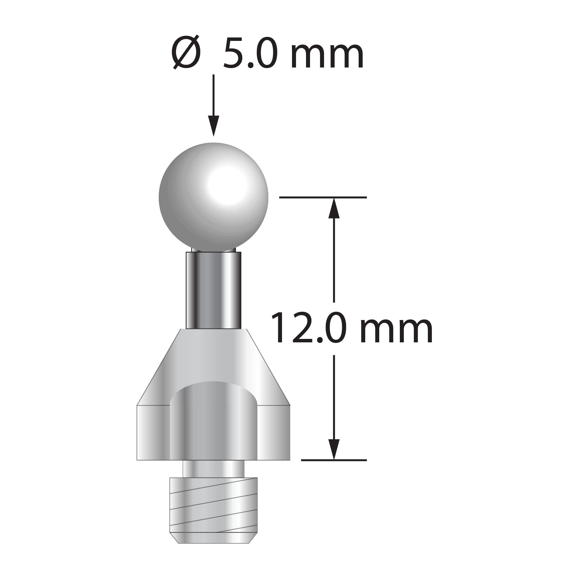 QMFQ-50-Z M4 3.0mm zirconia ball stylus with carbide stem and stainless steel base, 12.0mm long.