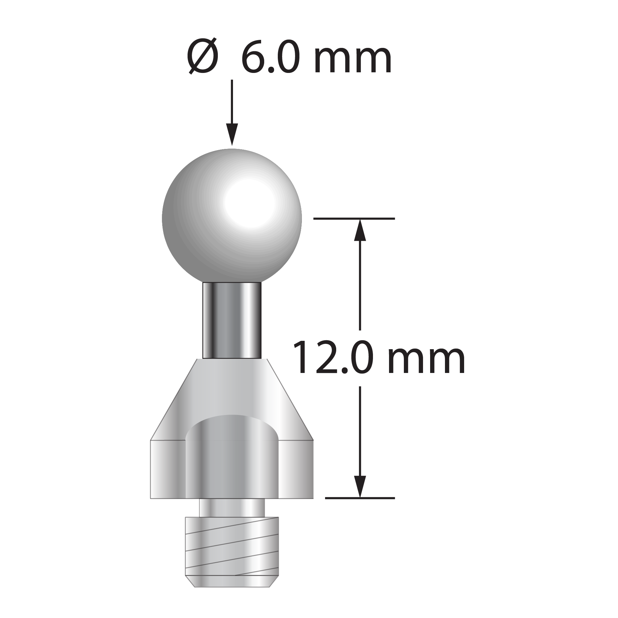 QMFQ-60-Z M4 stylus with 6.0mm zirconia ball, carbide stem, and stainless steel base, 12.0mm length.