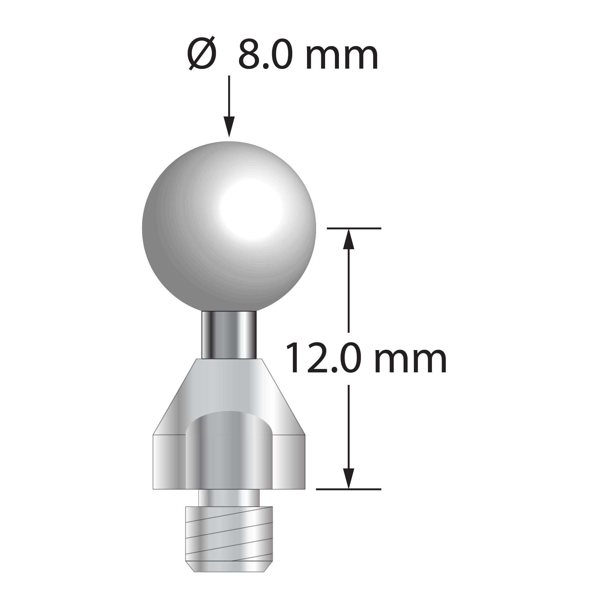 QMFQ-80-Z M4 stylus with 3.0mm zirconia ball, carbide stem, and stainless steel base, 12.0mm long.