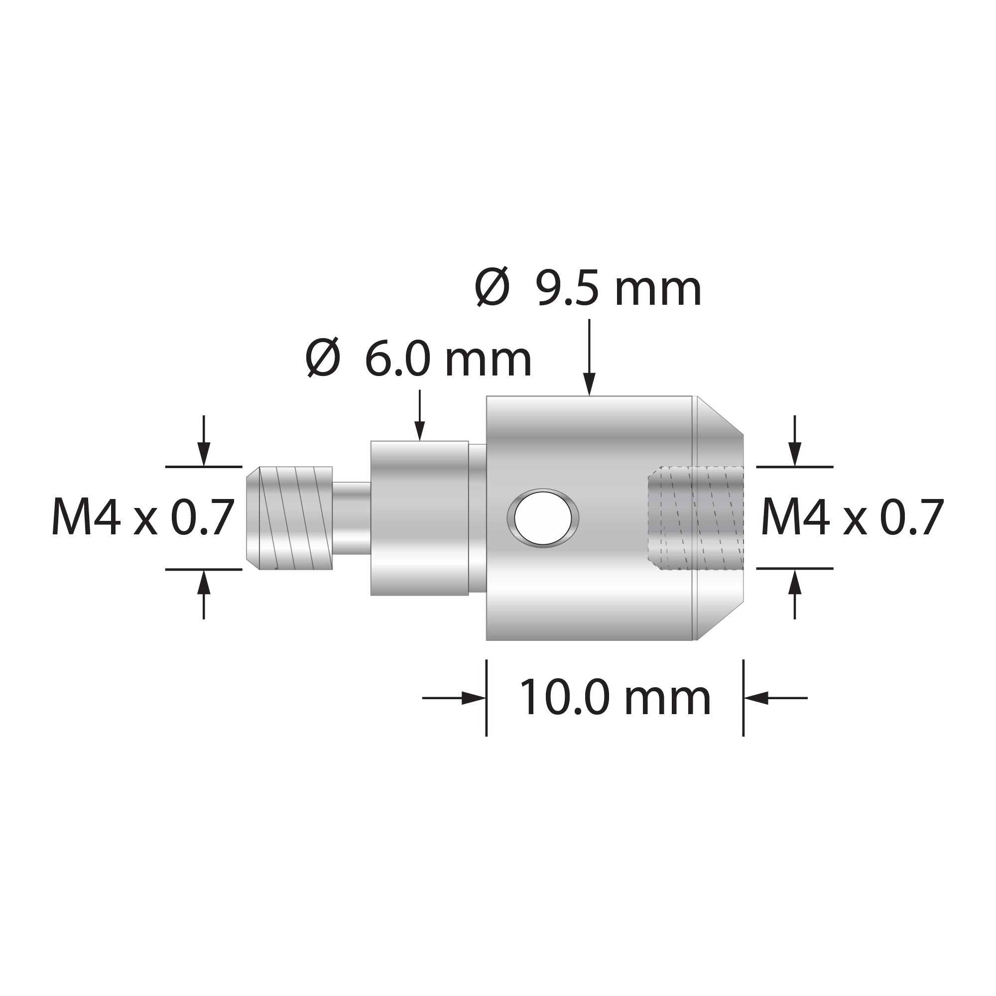 RB50-M4 thread adapter, M4 Blum (male) to M4 x 0.7 (female), stainless steel.
