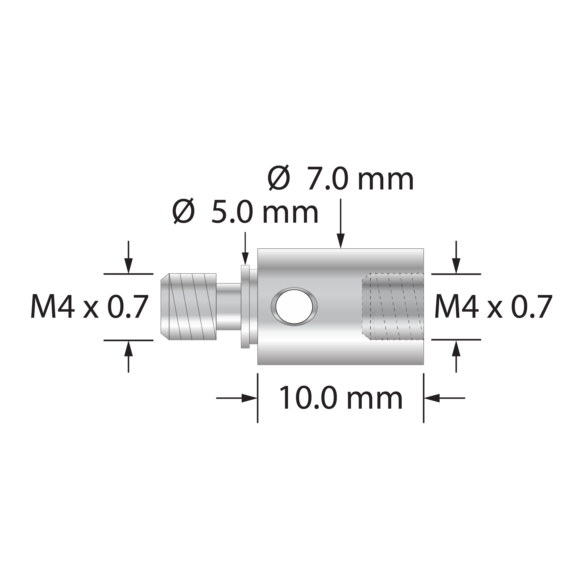 RB52-M4 thread adapter, M4 Blum male to M4 x 0.7 female, stainless steel.