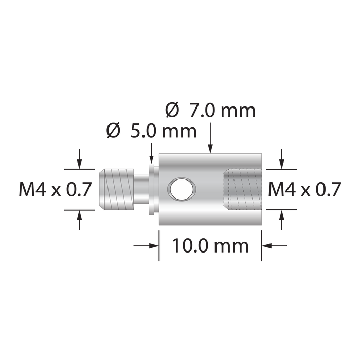 Thread adapter, M4 Blum (TC52/62/76) (male) to M4 x 0.7 thread (female). Stainless steel.