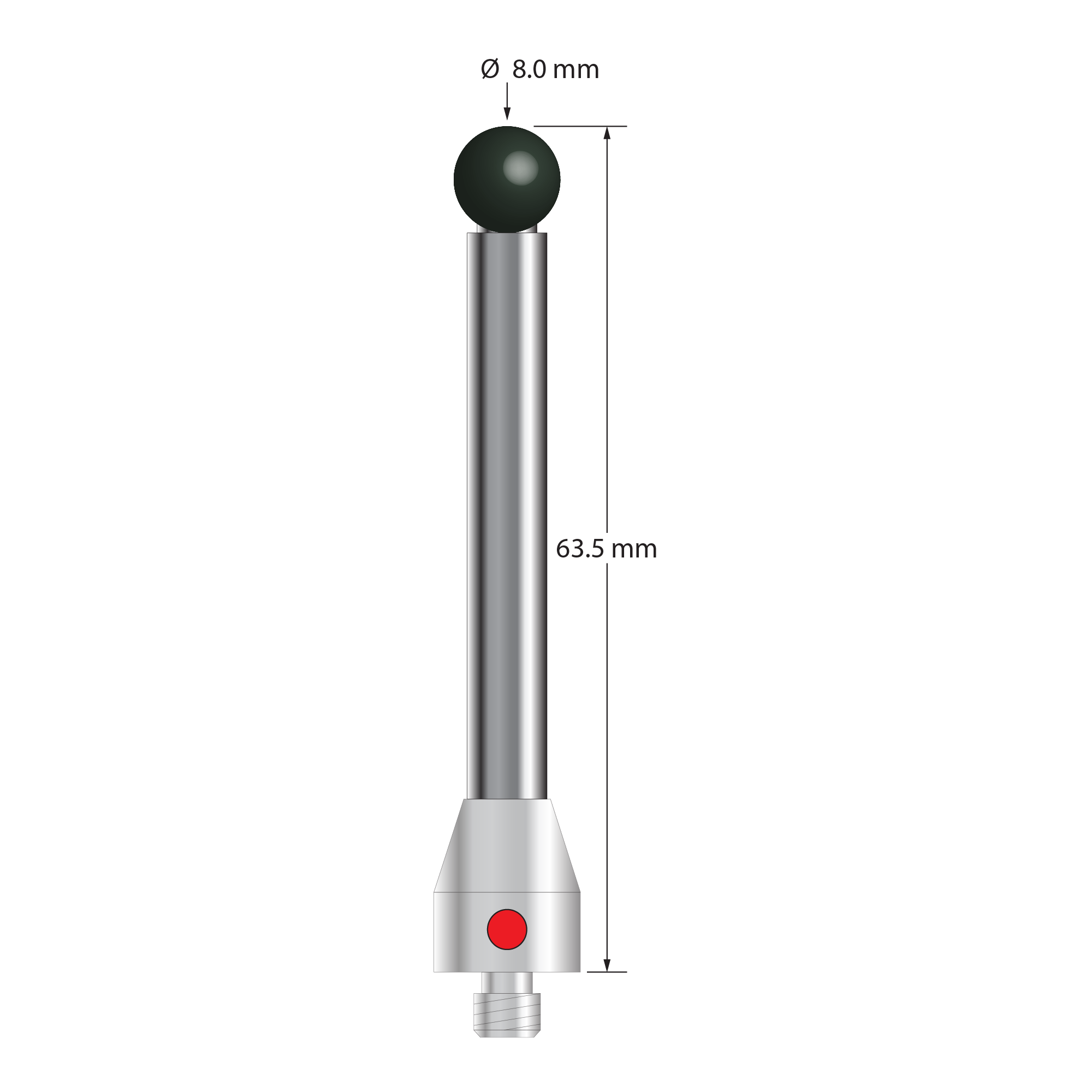 M5 "Red Dot" master probe with 8.0 mm diameter silicon nitride ball, 6.0 mm diameter carbide stem, and 11.0 mm diameter x 13.0 mm long stainless steel base. Overall stylus length is 63.5 mm. Weight is 26.51 grams.