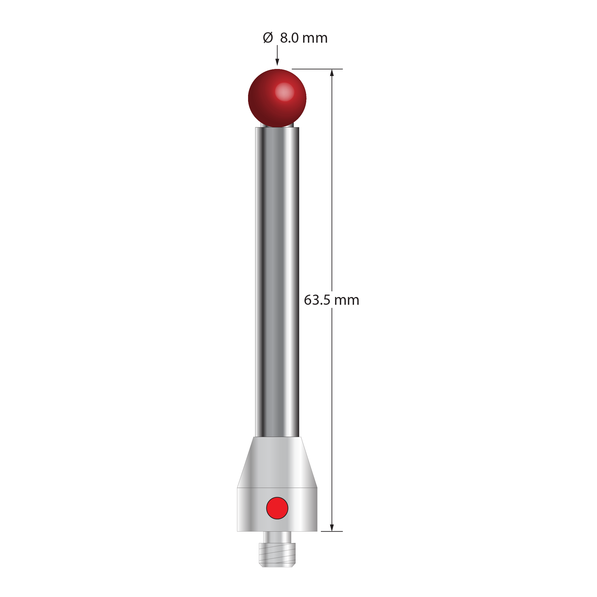 M5 "Red Dot" master probe with 8.0 mm diameter ruby ball, 6.0 mm diameter carbide stem, and 11.0 mm diameter x 13.0 mm long stainless steel base. Overall stylus length is 63.5 mm. Weight is 26.51 grams. Compare to Zeiss 600342-8023-010.