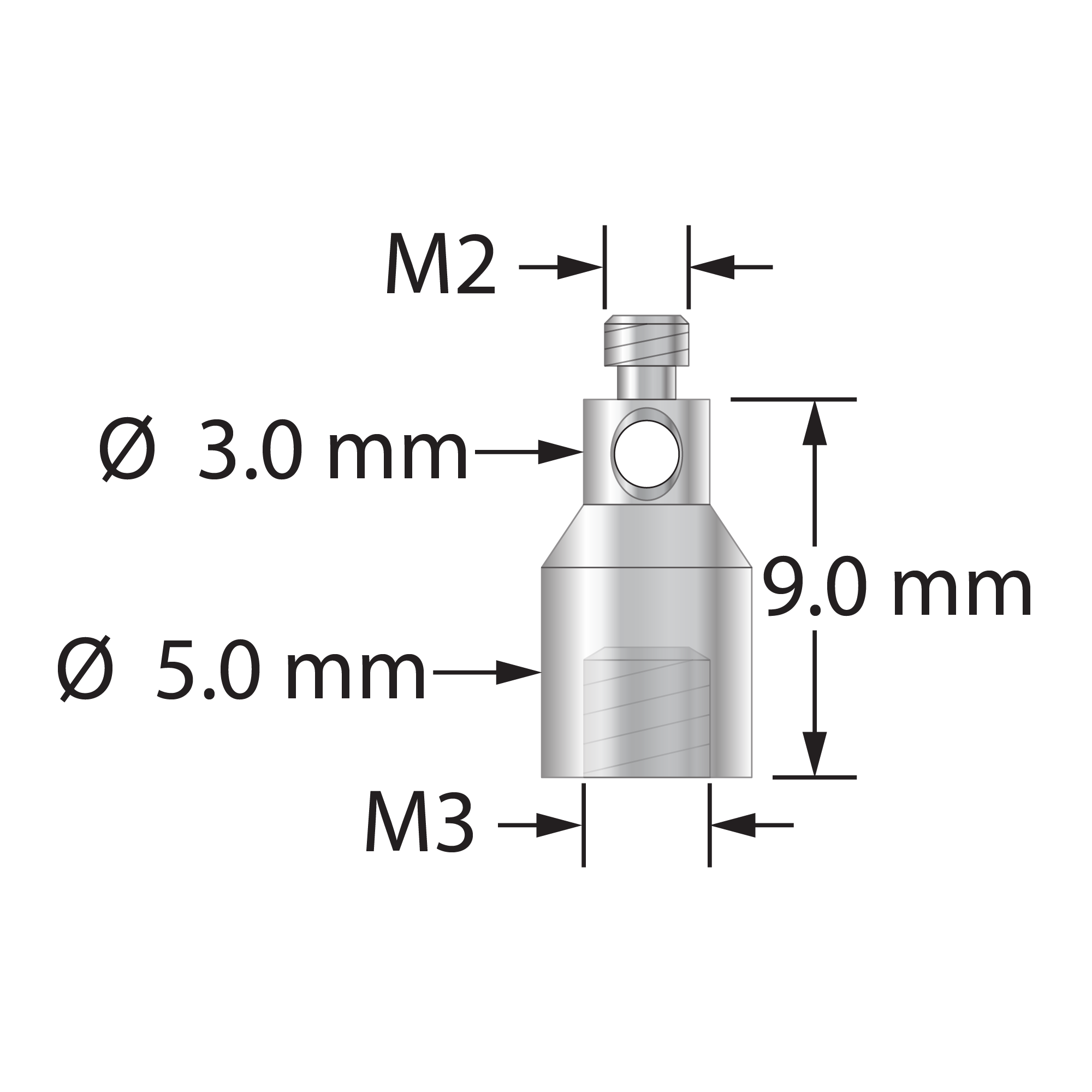 RM2-M3XXT M2 male to M3 female XXT thread adapter, stainless steel.