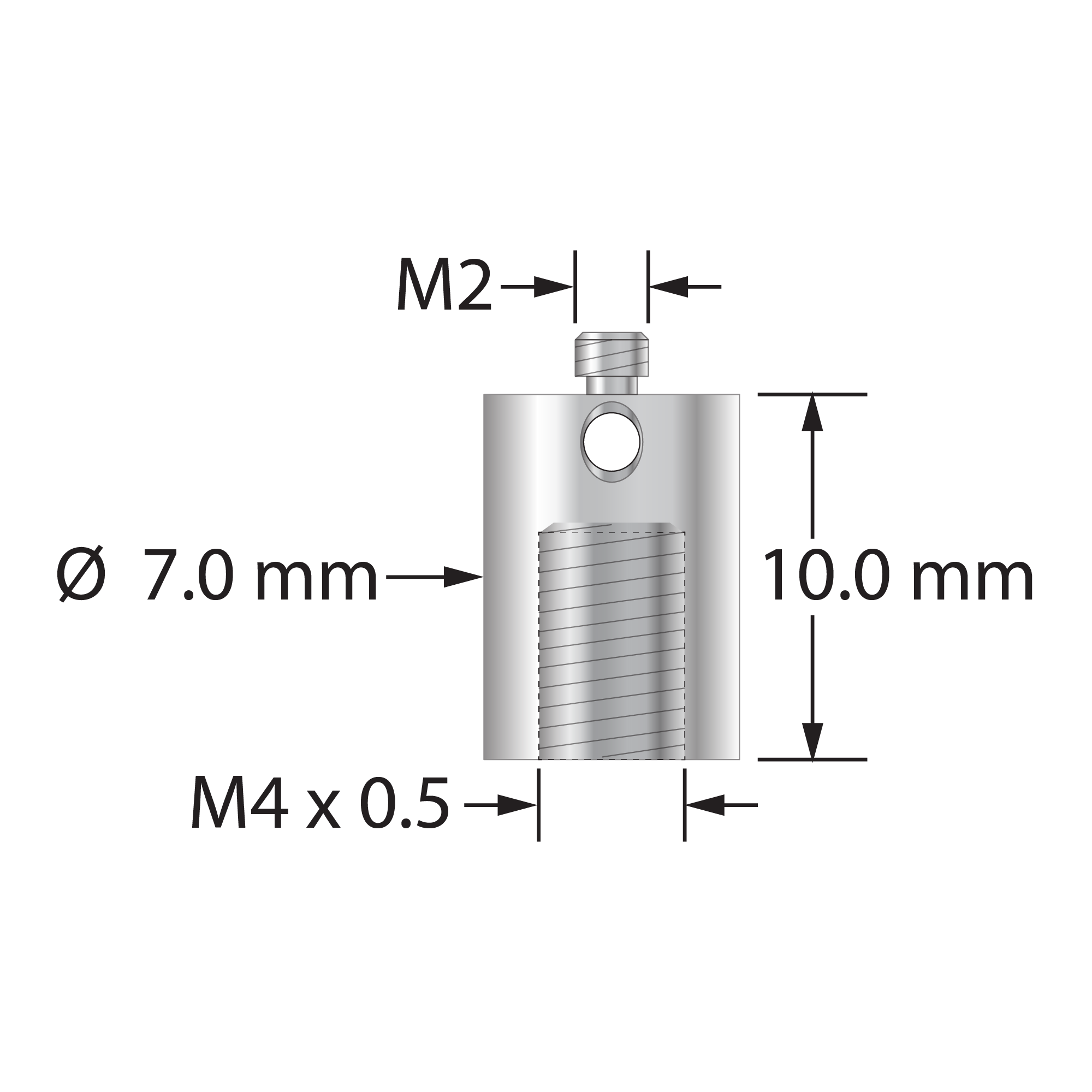 RM2-M4-DEA M2x0.4 to M4x0.5 thread adapter, stainless steel, by Q-Mark Manufacturing, Inc.