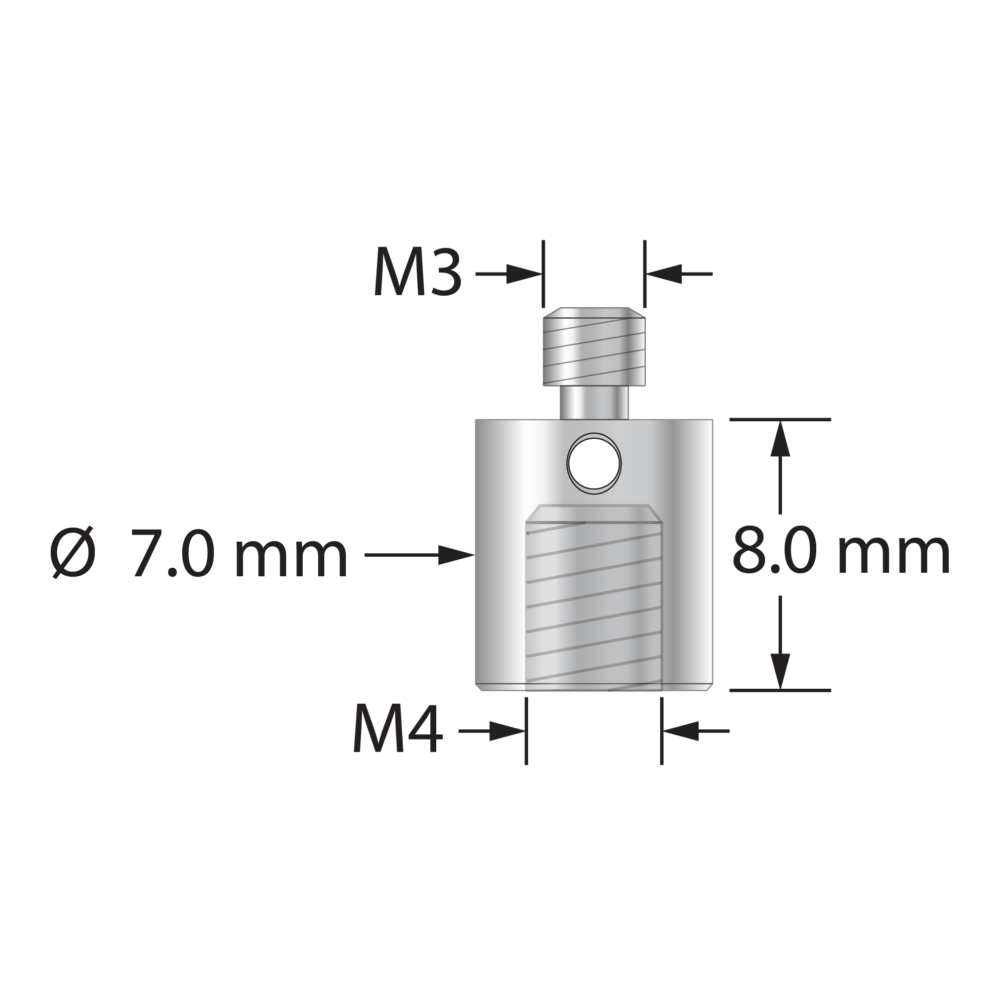 RM3-M4 thread adapter, M3 male to M4 female, stainless steel.