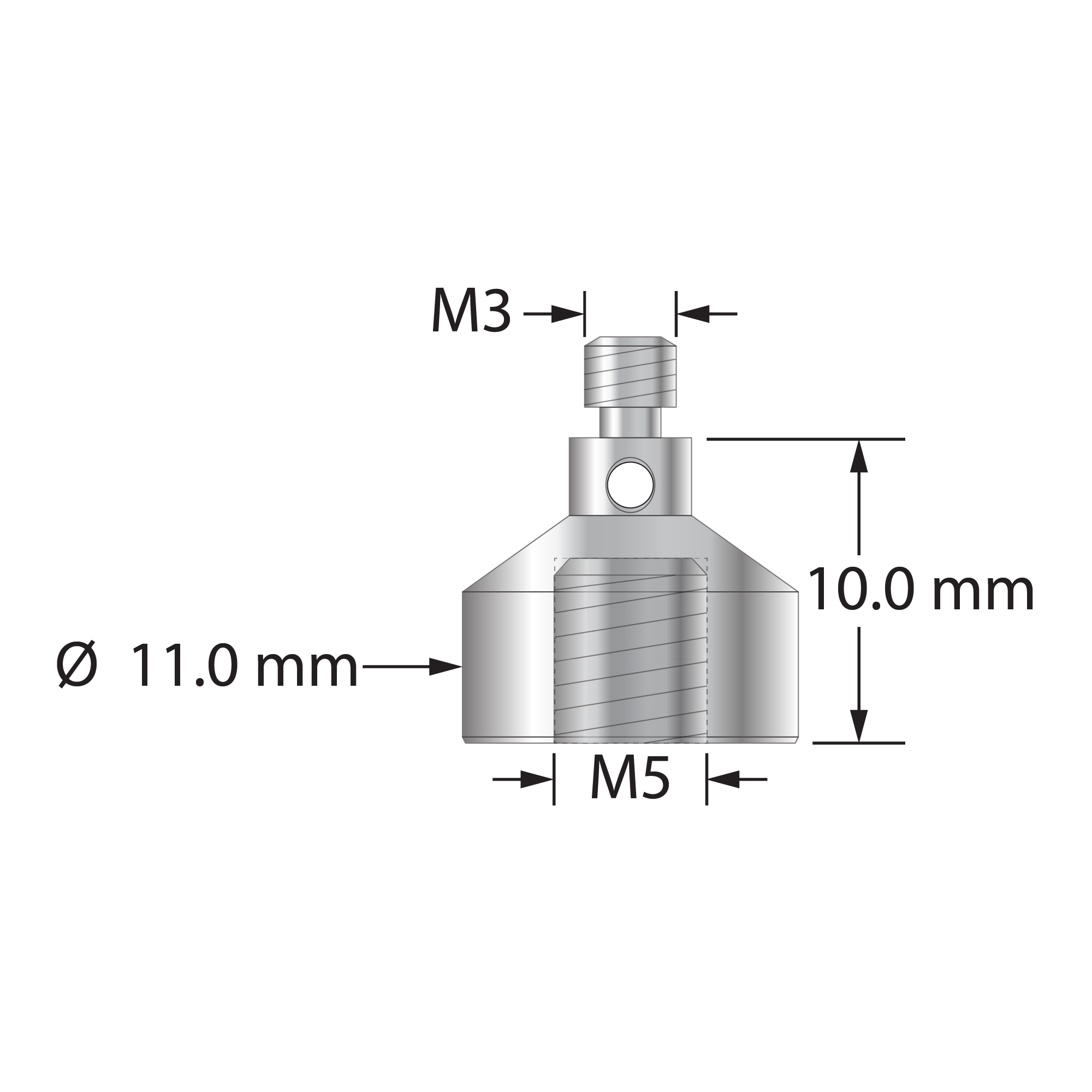 RM3-M5 M3 male to M5 female thread adapter, 11mm diameter stainless steel.
