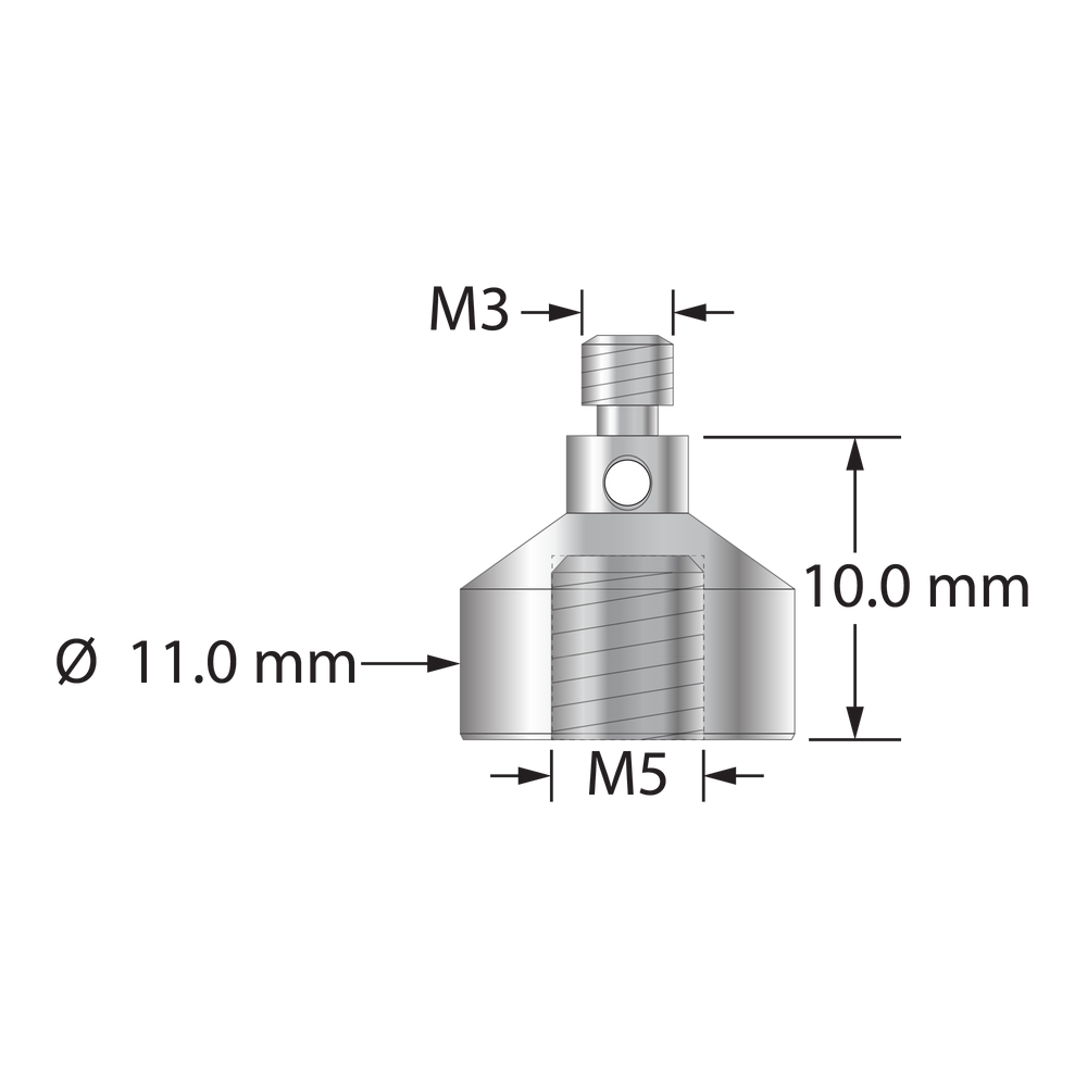 M3 male to M5 female thread adapter. 11.0 mm diameter stainless steel. Weight is 3.73 grams.