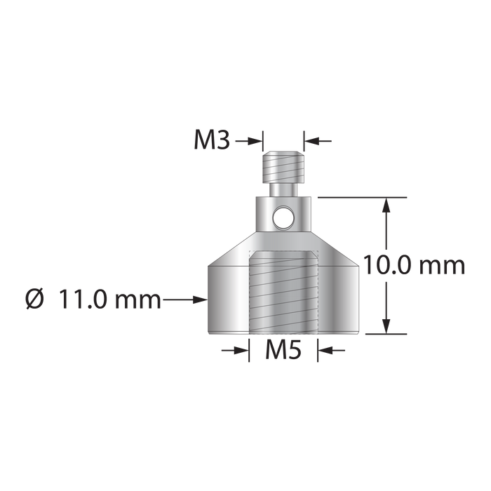 M3 male to M5 female thread adapter. 11.0 mm diameter stainless steel. Weight is 3.73 grams.