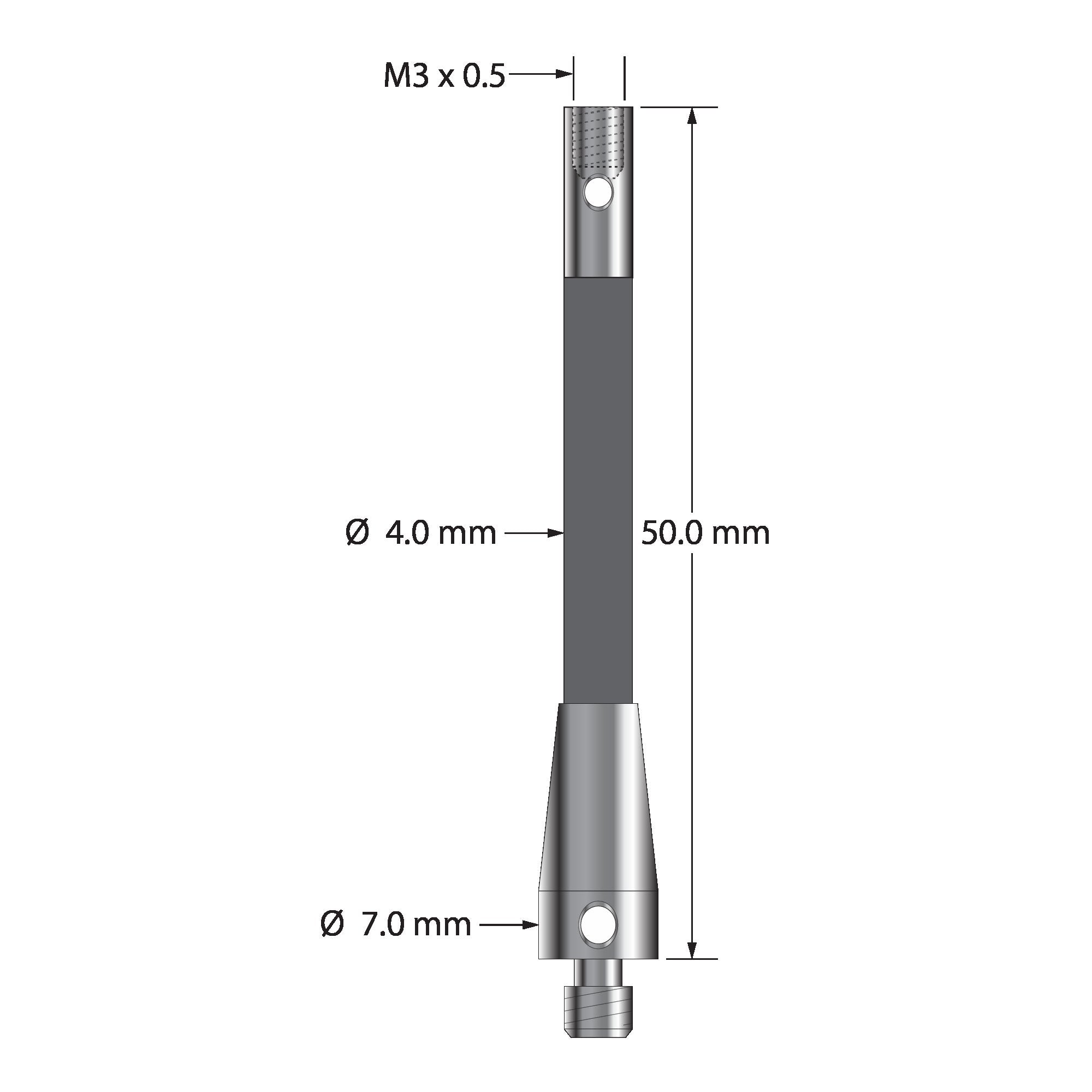 RM4-50-M3-G thread adapter, M4 male to M3 female, carbon fiber with stainless steel fittings, 50mm long.