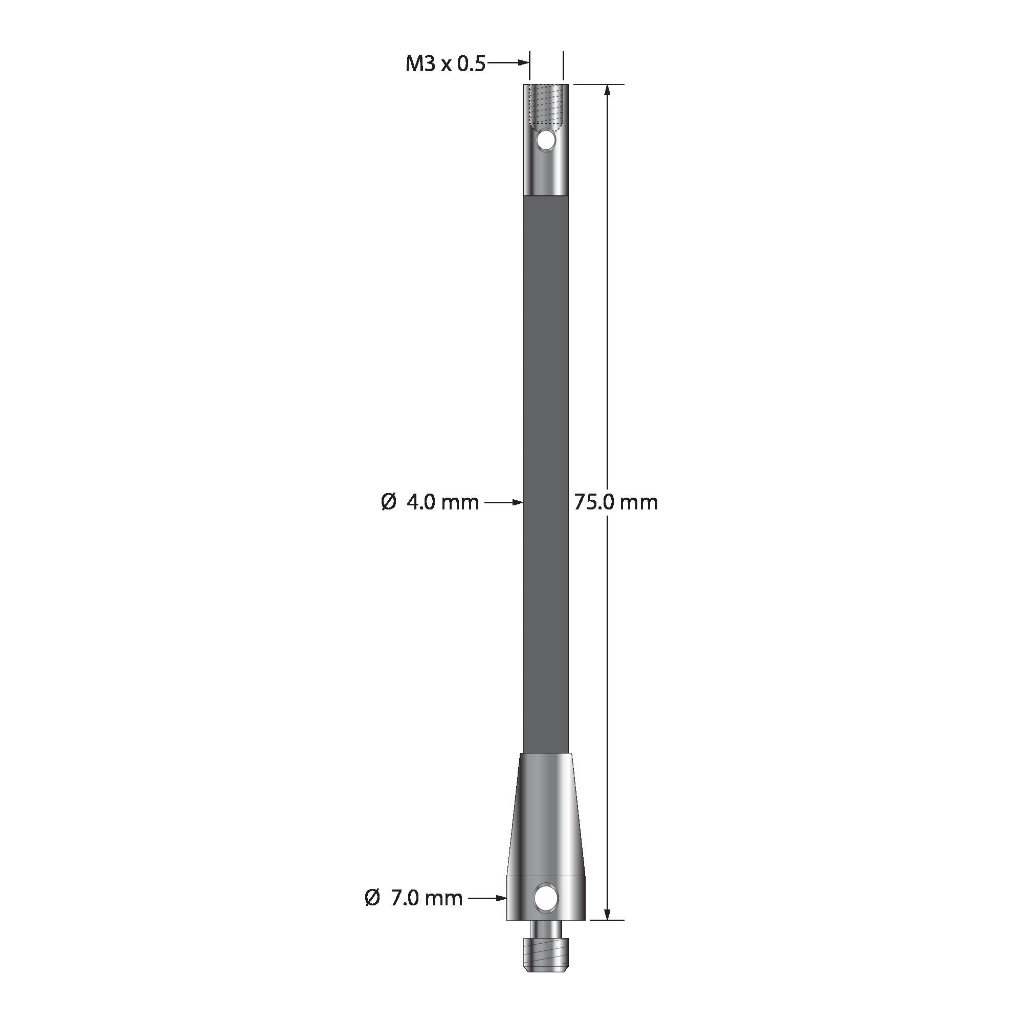 RM4-75-M3-G thread adapter, M4 male to M3 female, carbon fiber with stainless steel fittings, 50.0 mm long.