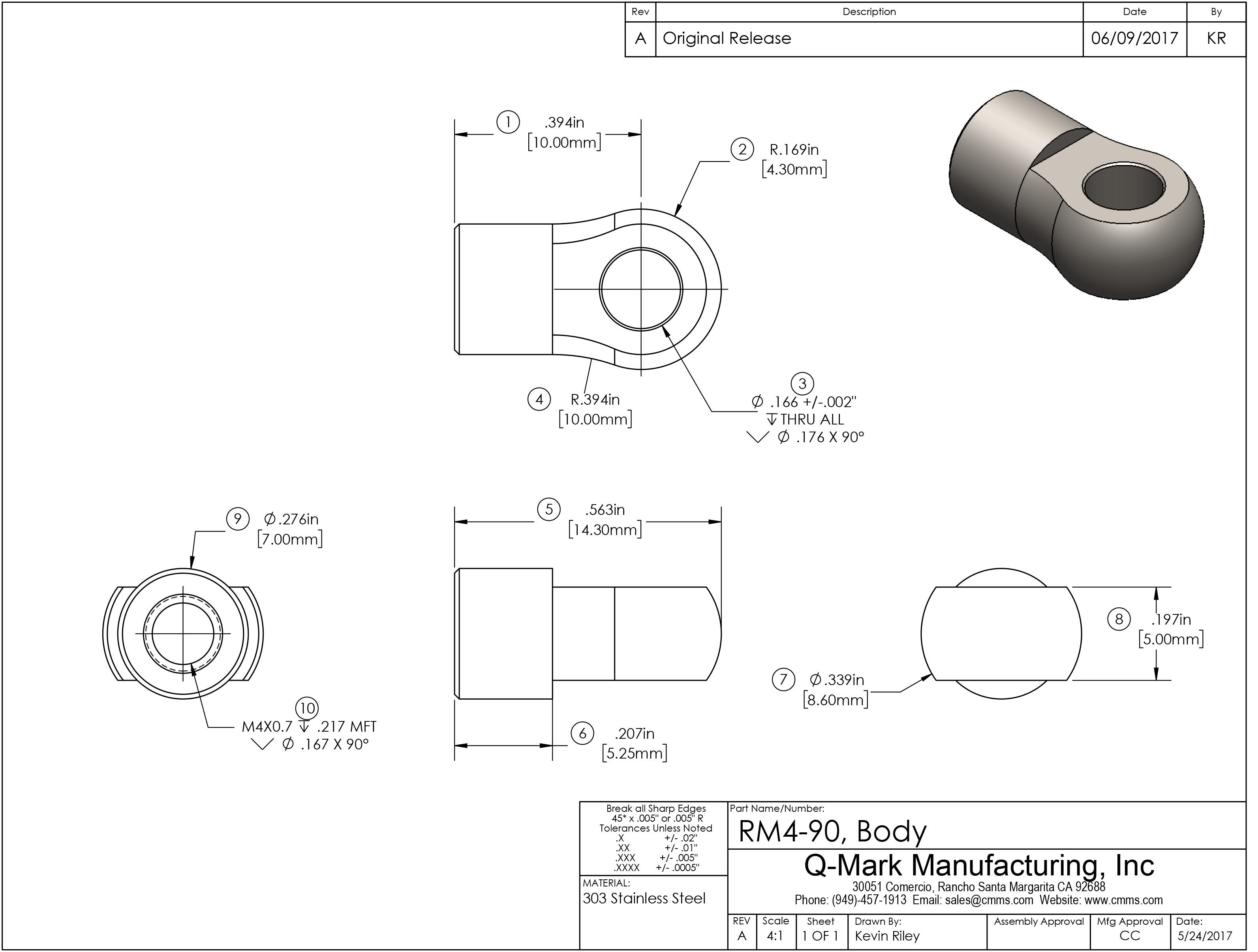 RM4-90 M4 90-degree swivel adapter, stainless steel, by Q-Mark Manufacturing, Inc.