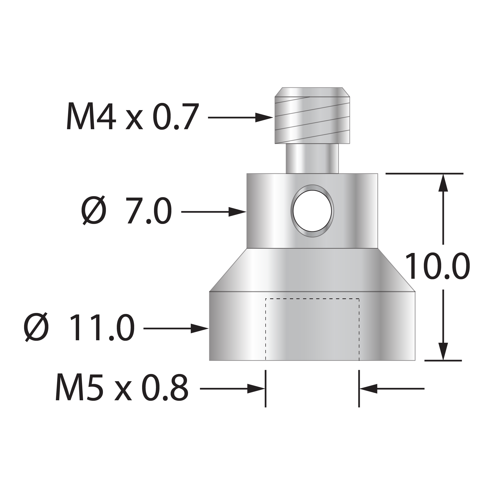 RM4-M5 thread adapter, M4 male to M5 female, stainless steel.