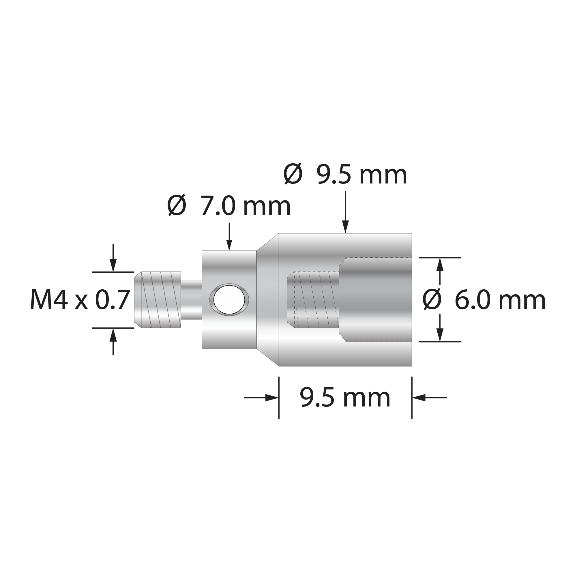 RM4-RB50 thread adapter, M4 x 0.7 male to M4 Blum female, stainless steel.