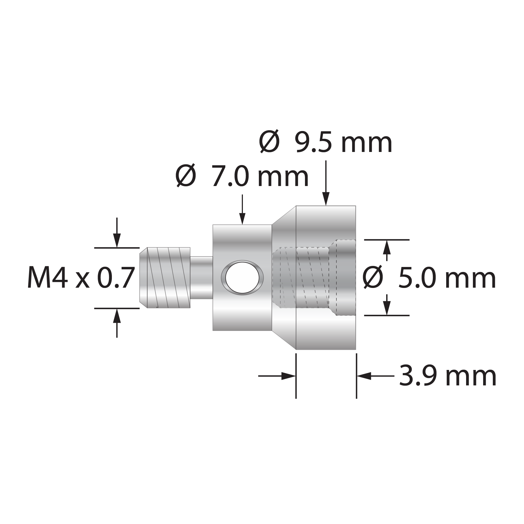 RM4-RB52 thread adapter, M4 x 0.7 male to M4 Blum female, stainless steel.