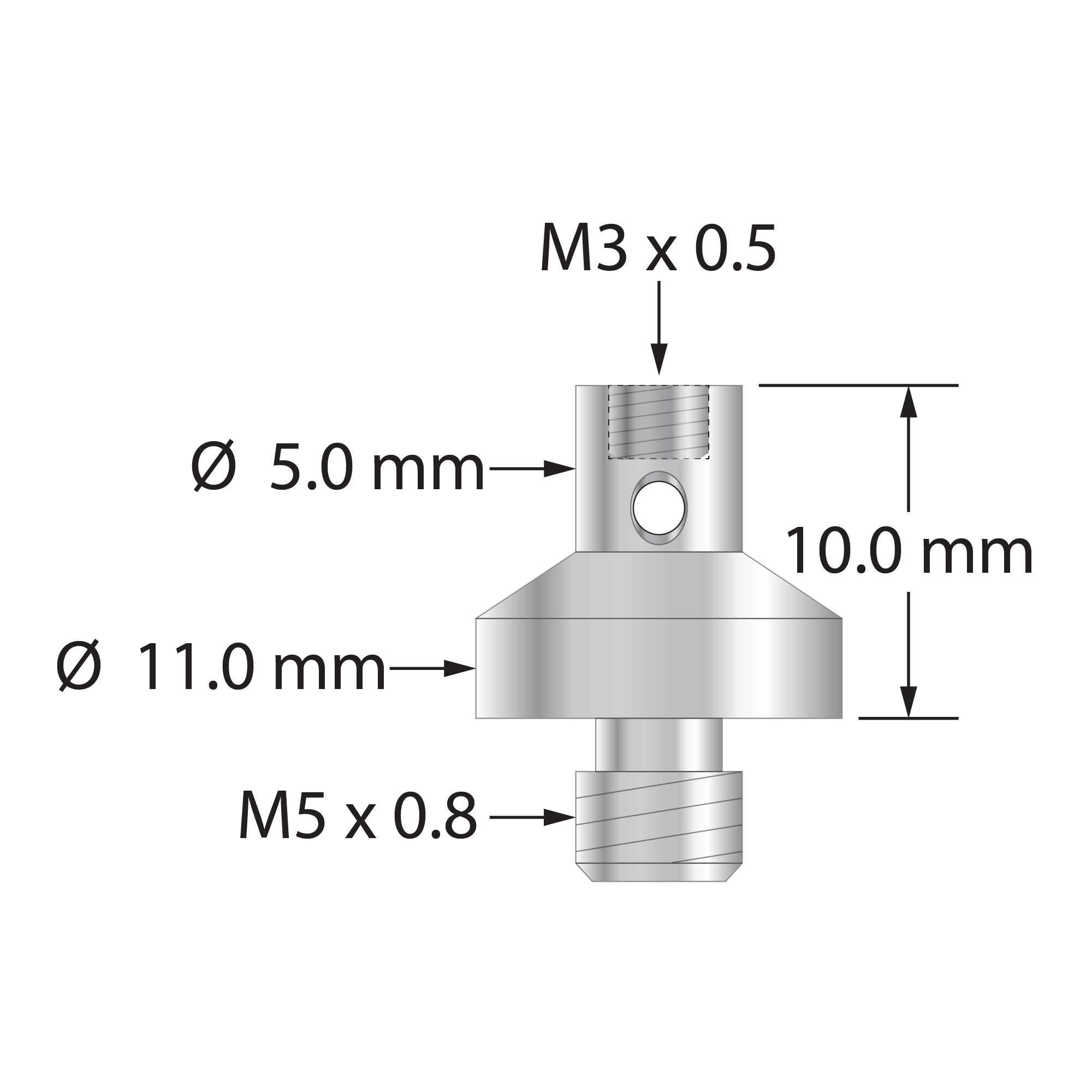 RM5-M3XXT M5x0.8 to M3x0.5 thread adapter, stainless steel, 10.0mm long by Q-Mark Manufacturing, Inc.