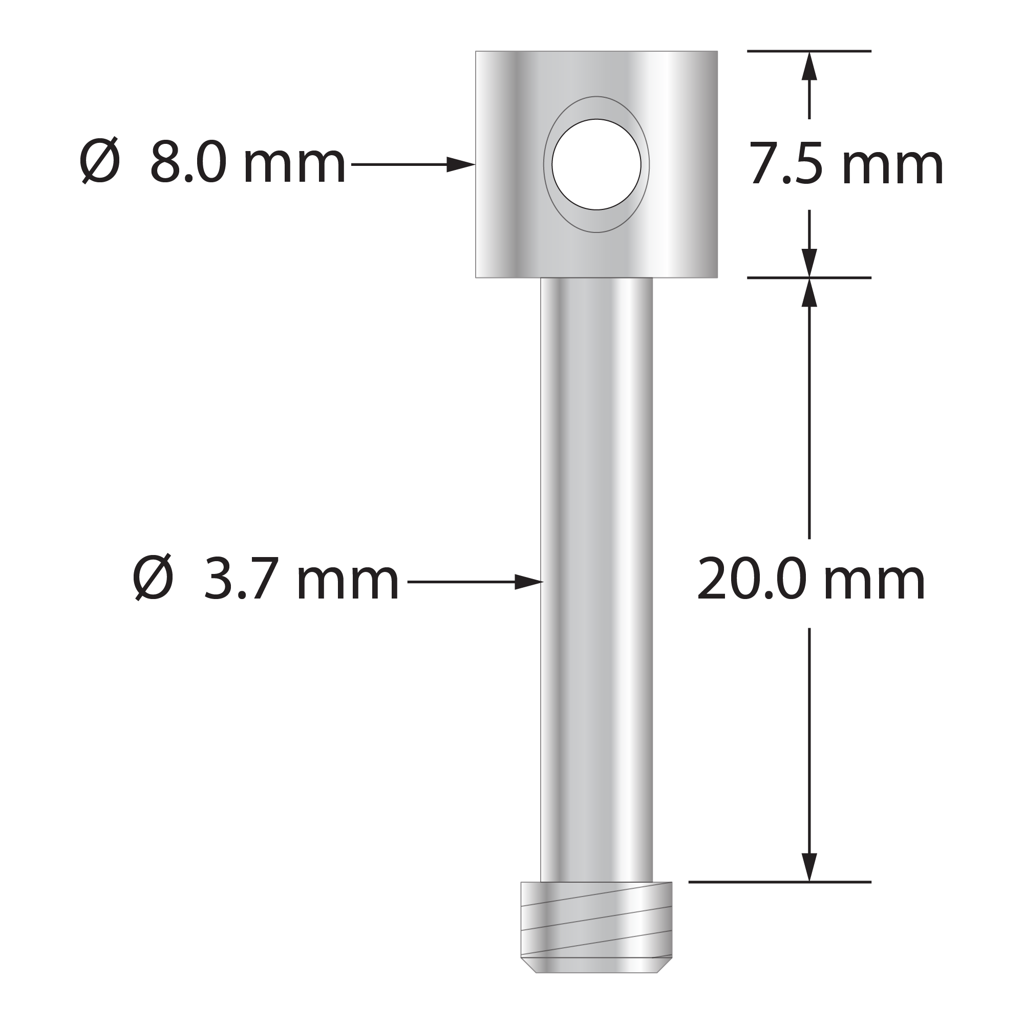 M5 captive screw for 20.0 mm thick cube. Stainless steel. Weight is 4.74 grams. Compare to Zeiss 626109-0016-000.