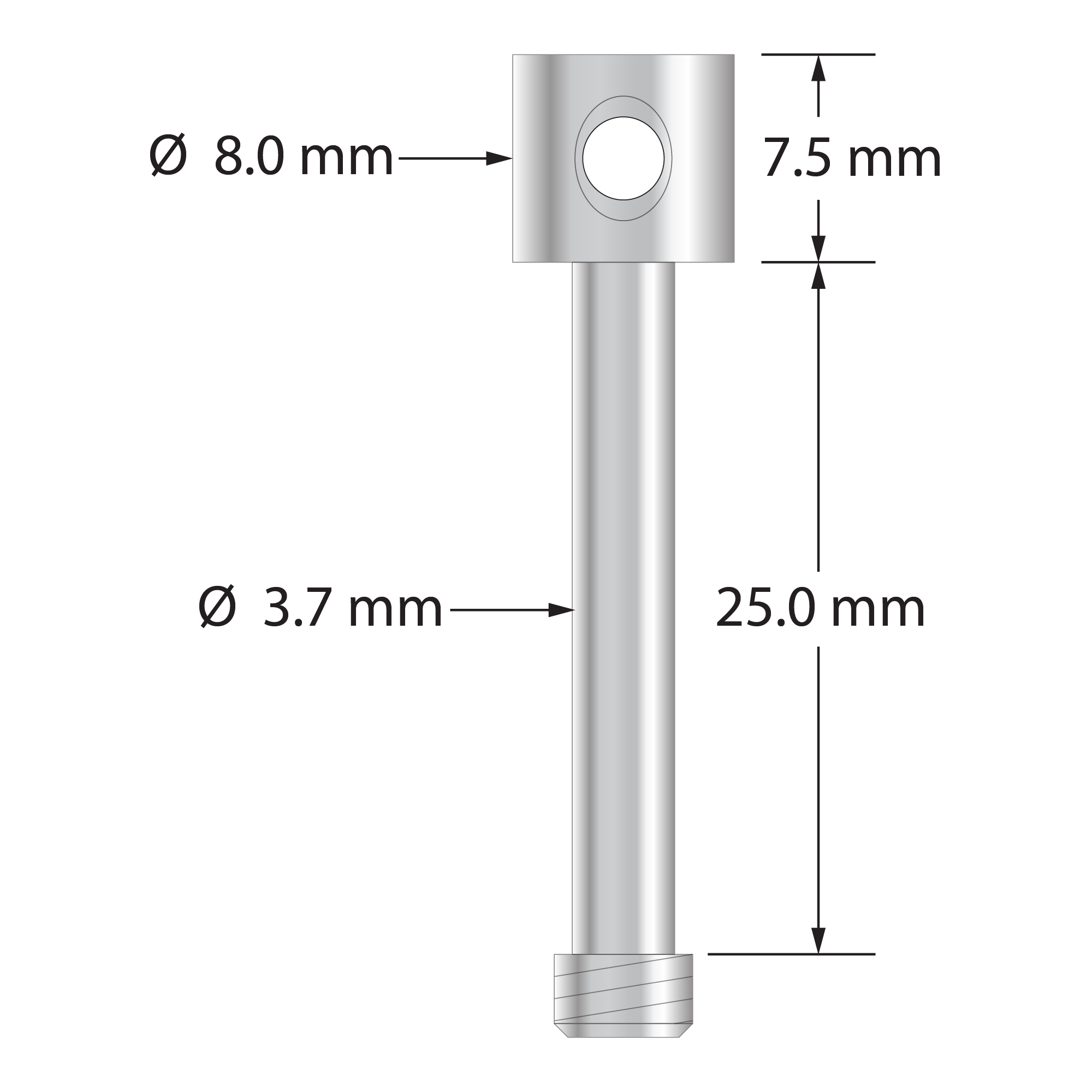 M5 captive screw for 25.0 mm thick cube. Stainless steel. Weight is 5.15 grams.