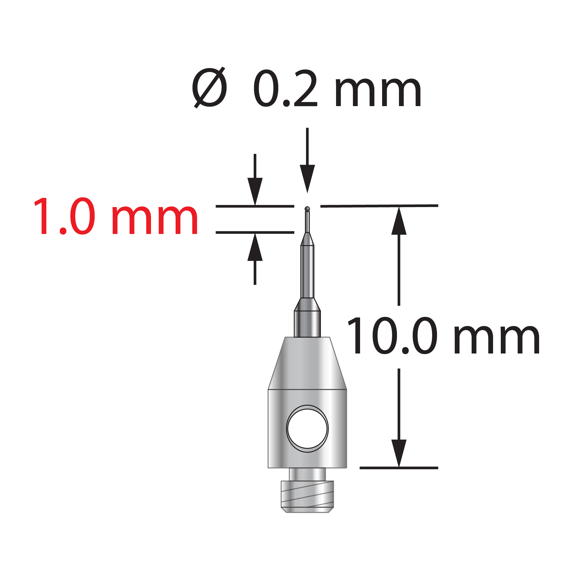 TM2-0210-C M2 stylus with 0.2mm carbide ball, stepped carbide stem, and stainless steel base by Q-Mark Manufacturing, Inc.